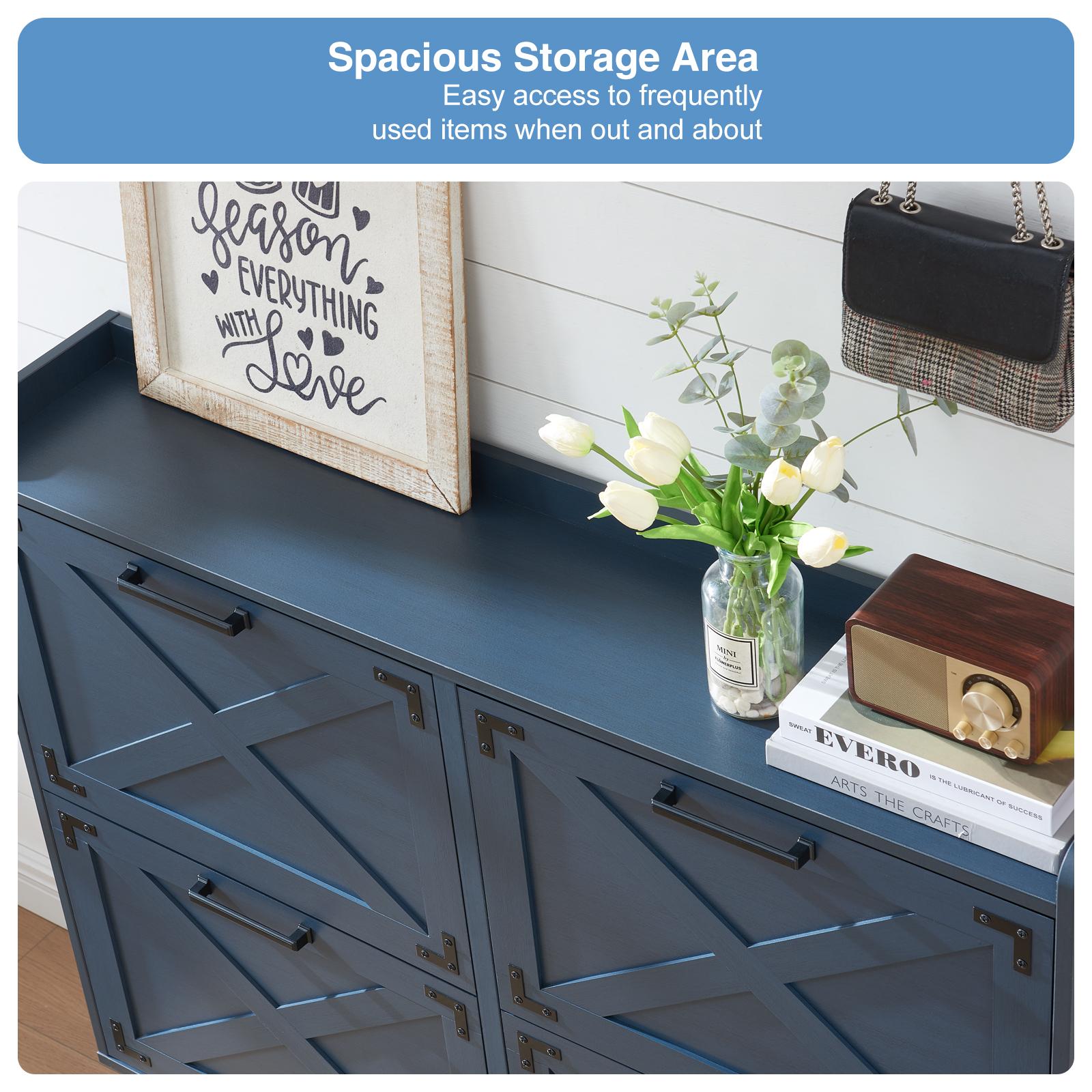 Farmhouse Shoe Storage Cabinet with 2-4 Flip Drawers & Barn Door Design - Freestanding Slim Narrow Shoe Organizer for Entryway, Foyer & Hallway