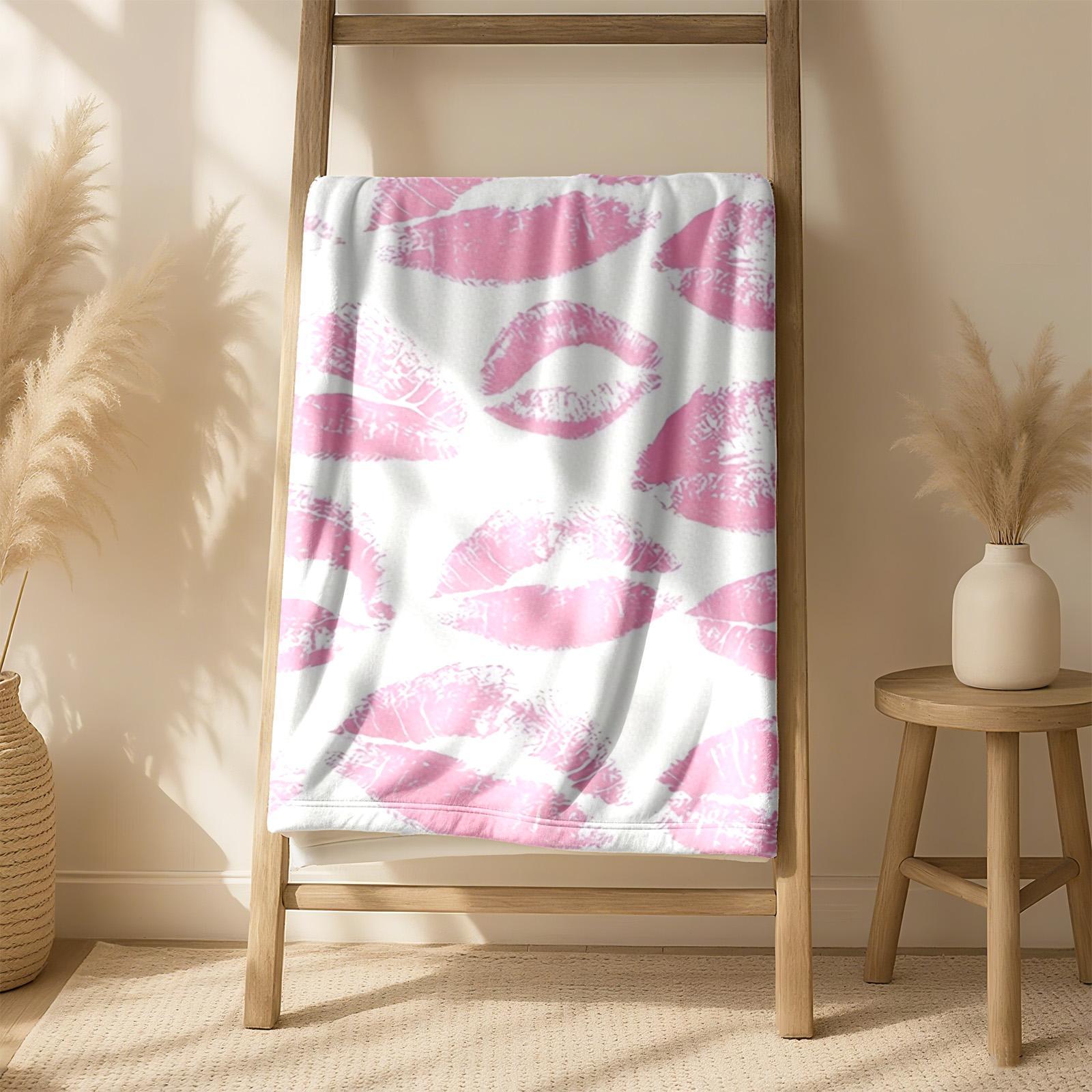 1 piece Pink lipstick mark texture background. themed flannel blanket - Modern-style all-season flannel blanket, soft and comfortable, suitable for sofas and beds, digital print design, 100% polyester material, machine washable, ideal for home