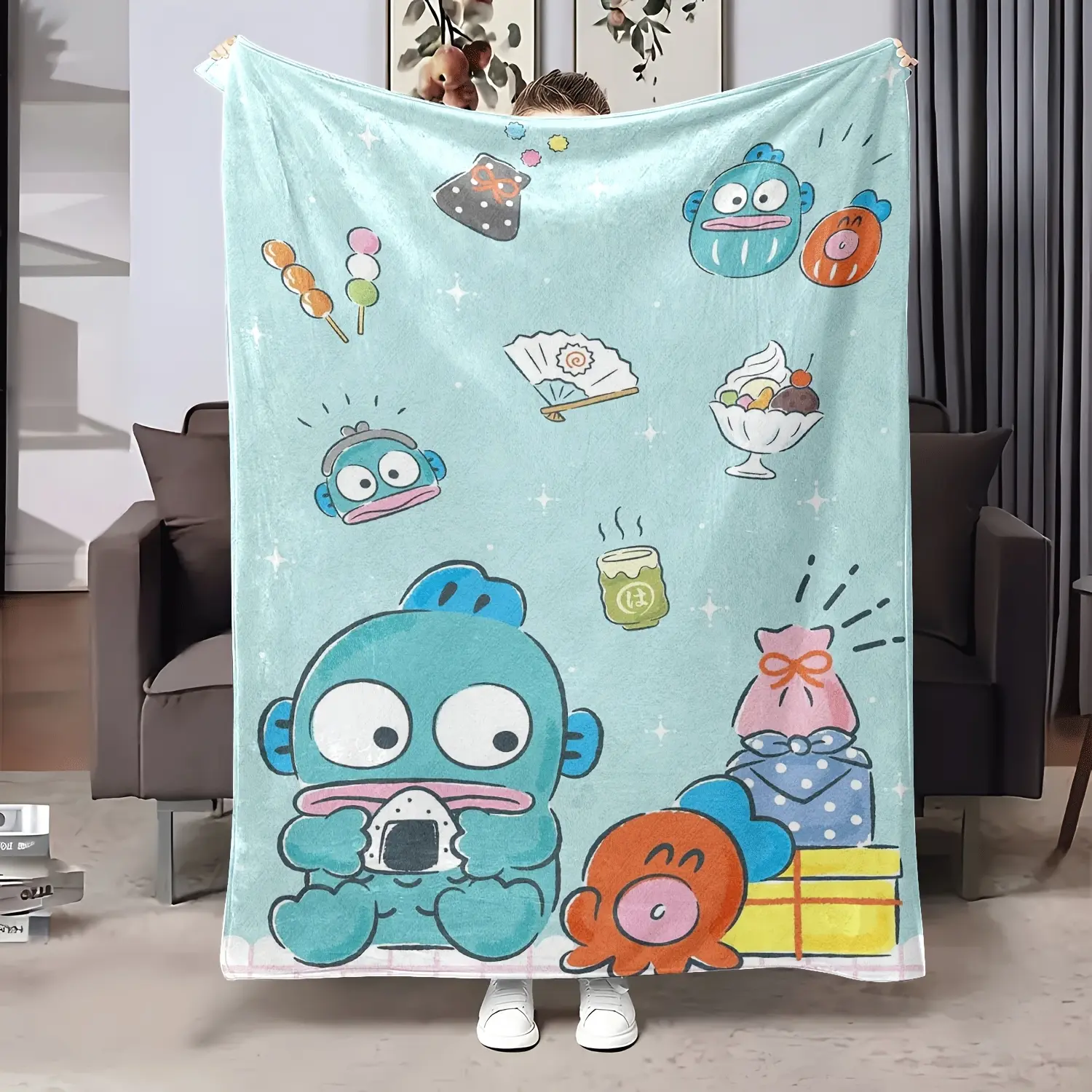 Hangyodon Japanese Dessert Flannel Throw Blanket Mint Light Blue Dango Matcha Ice Cream Octopus Cartoon Soft Warm Blanket Gift for Sanrio Weird Kawaii Fans