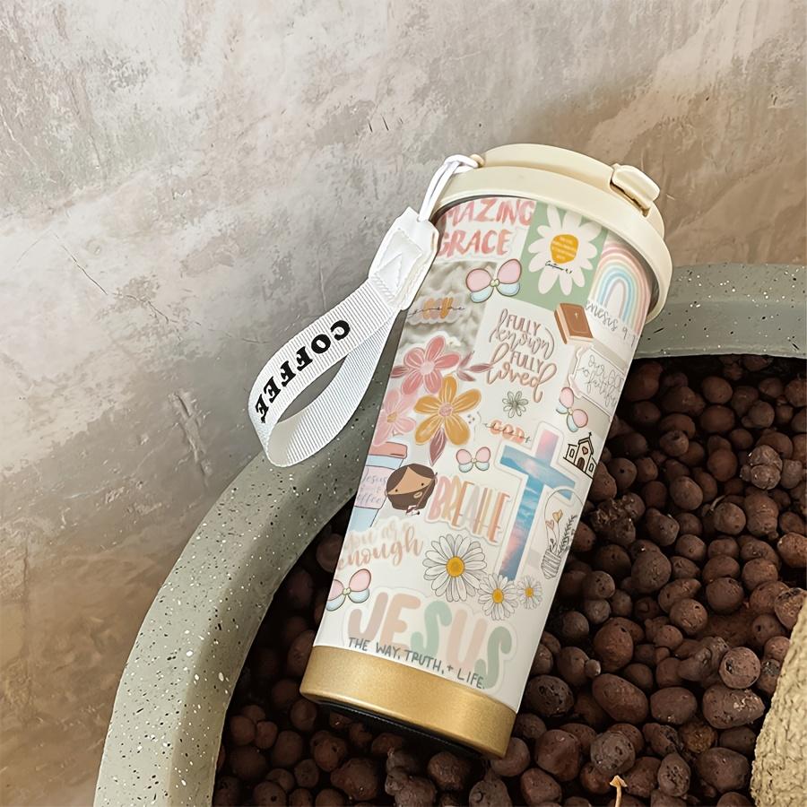 Premium Religious Double Wall Insulated Coffee Cup, 530ML Stainless Steel Vacuum Travel Mug with Straw and Lid, Ideal for Hot/cold Drinks, Flasks