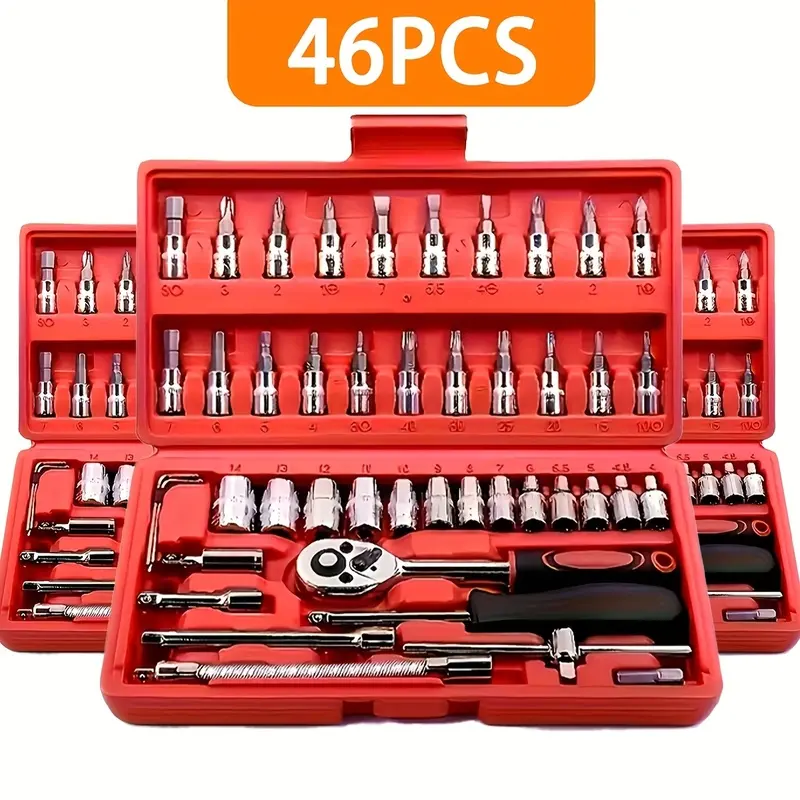 46-Piece Socket Ratchet Wrench Set with Metric Sockets, Screwdriver Bits and Extension Bar, Compact Tool Kit with Storage Case for Car and Household Repairs