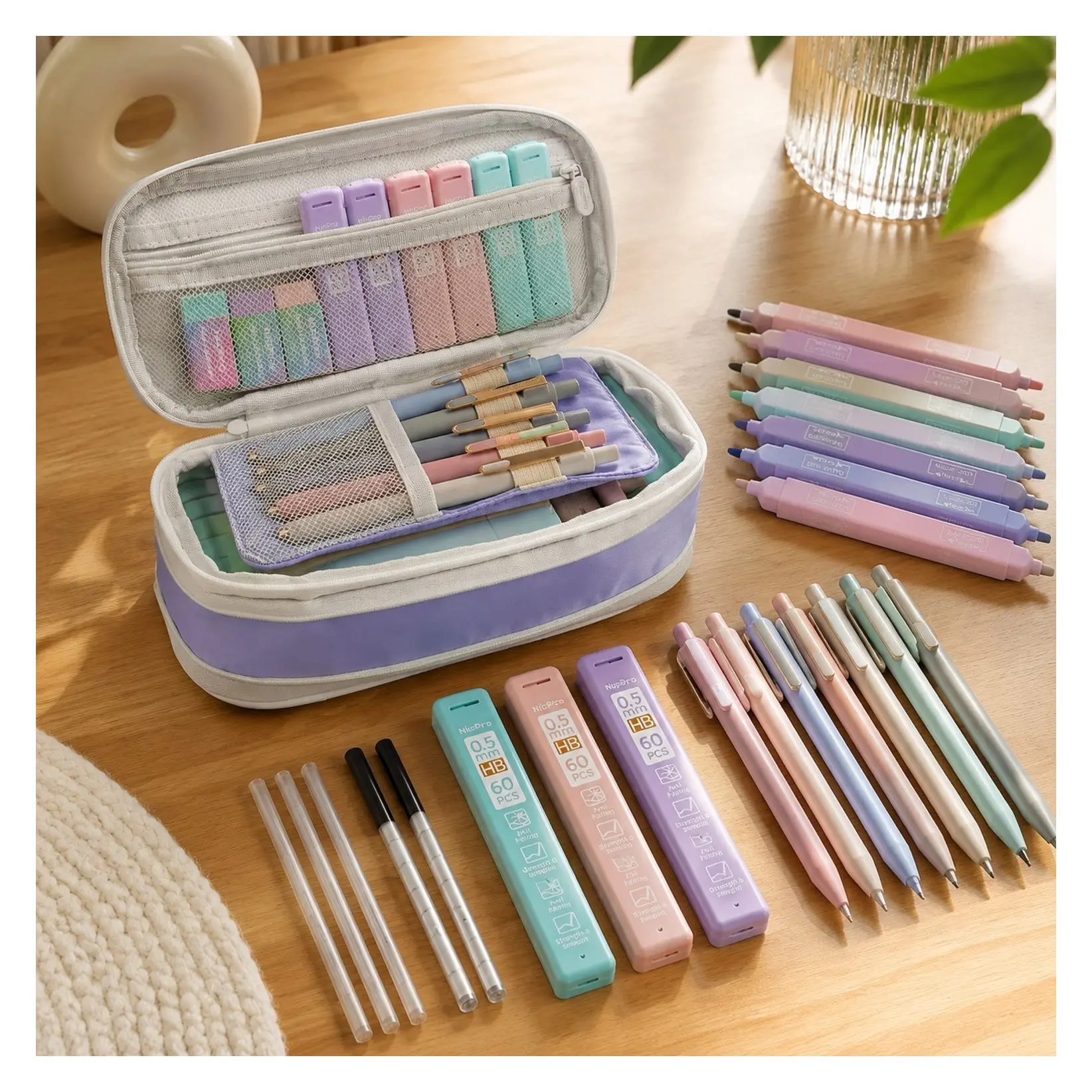 39 PCS Purple School Supplies Set with Pencil Case - Includes 12 Highlighters, 5 Gel Pens, 6 Mechanical Pencils, Essentials for College & Nursing StudentsGift