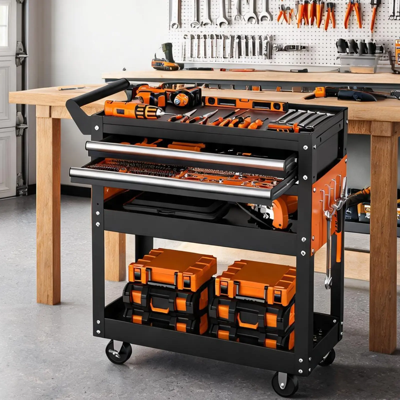 Heavy Duty Rolling Tool Cart - 5-Tier Metal Cabinet with Lockable Drawer, Pegboards, Side Hooks, 400 lbs Capacity, Mobile Organizer for Garage, Workshop, Repair Shop