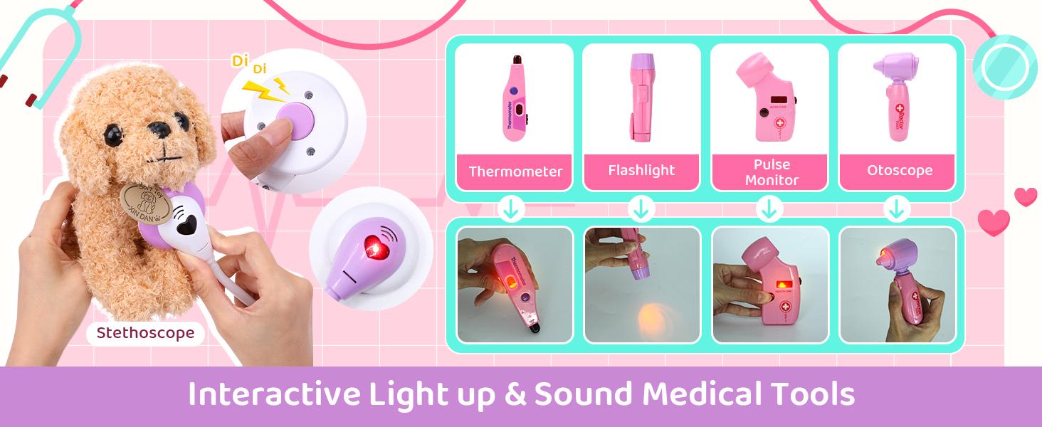 Colorful Plastic Pretend Doctor Kit for Girls with Dress-Up Costume, Dog Figure, Carrying Bag, Stethoscope - Educational Role Play Toy Gift for Kids Toddlers Ages 3-6, Colorful Set, Pretend Kit