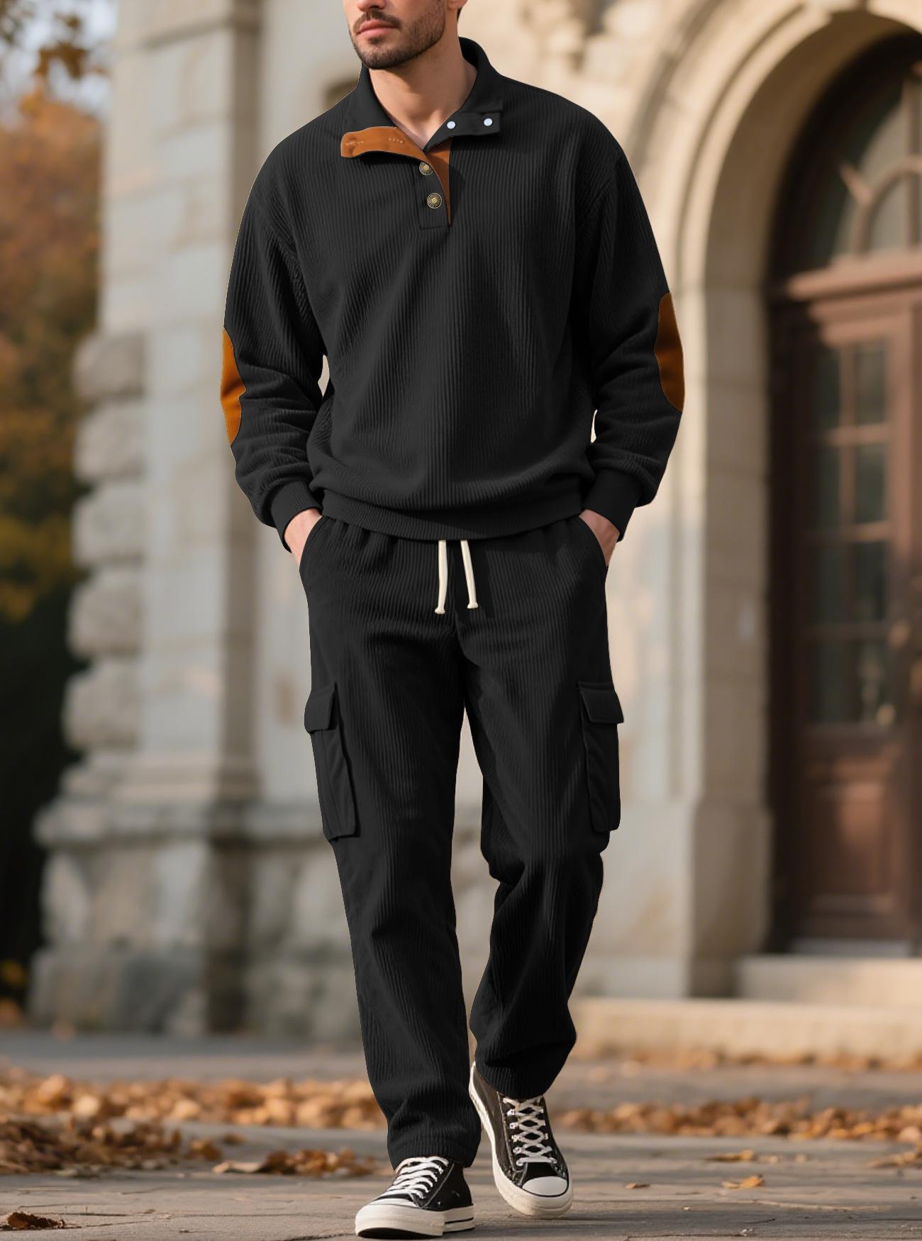 Men's Casual Sporty Corduroy Two-Piece Set (Long-Sleeve Collared Top & Loose-Fit Utility Pants) – Euro-American Style