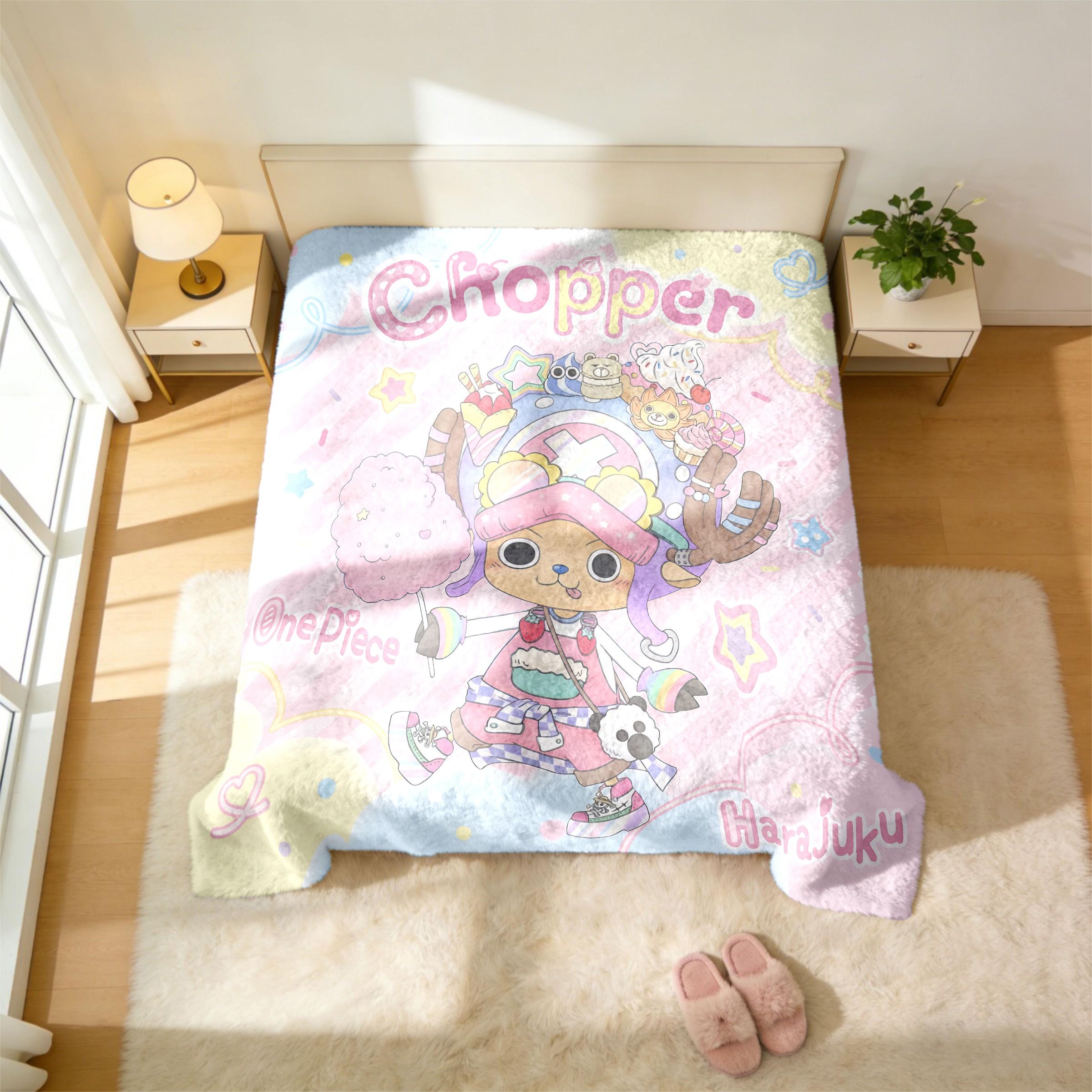 One Piece Chopper Harajuku Throw Blanket (Kawaii Street Fashion Design) - Tony Tony Chopper & Harajuku Motif Prints, Skin-Friendly & Machine Washable, High-Grade Plush & Double Warmth, Multi-Scene Use, Perfect Gift for One Piece Fans