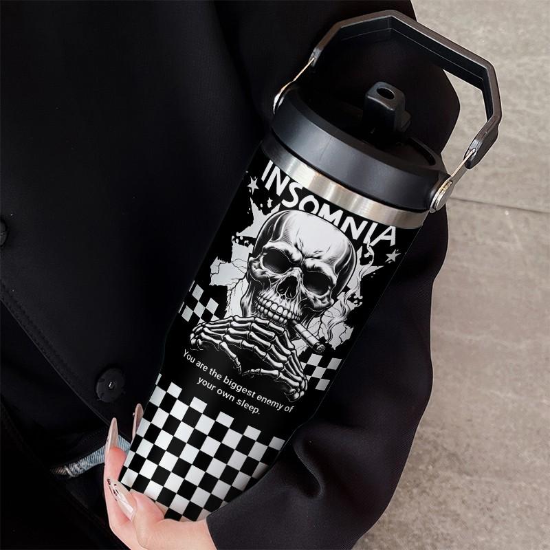 Loyr 30oz Insulated Travel Mug, Skull Design Stainless Steel Leak-Proof Straw Cup, Large Capacity Portable Cup for Commute Outdoor Use, Perfect Gift