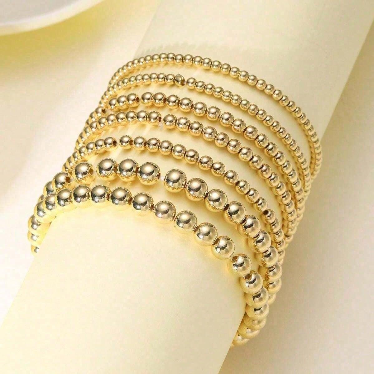 7Pcs Women's 14K Gold Plated Bracelet Set, Pearl Beaded Bohemian Layered Stackable Bracelets, Elastic Comfort Jewelry Gift for Ladies
