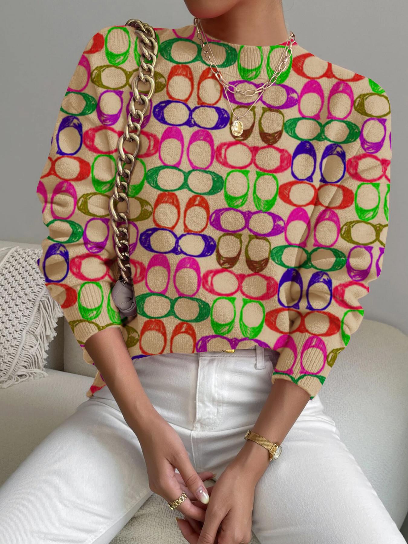 Women's Colorful Geometric Pattern Stand Collar Short Fitted Aesthetic Sweater Top, Fall Winter Casual Long Sleeve Knitwear, Comfortable and Warm for Daily Wear