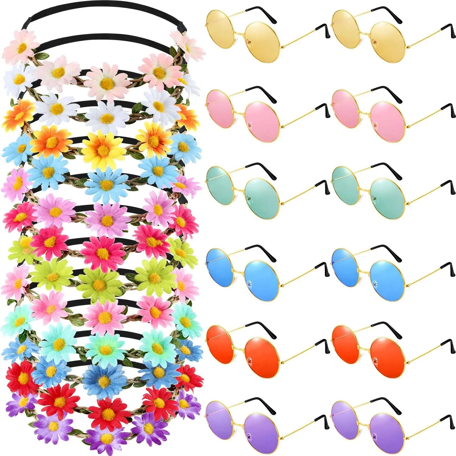 24-Piece Hippie Headband & Glasses Costume Set, 70s 60s Accessories for Women, Includes 12 Flower Headbands Crowns and 12 Round Groovy Sunglasses for Hippie Disco Halloween PartyGift