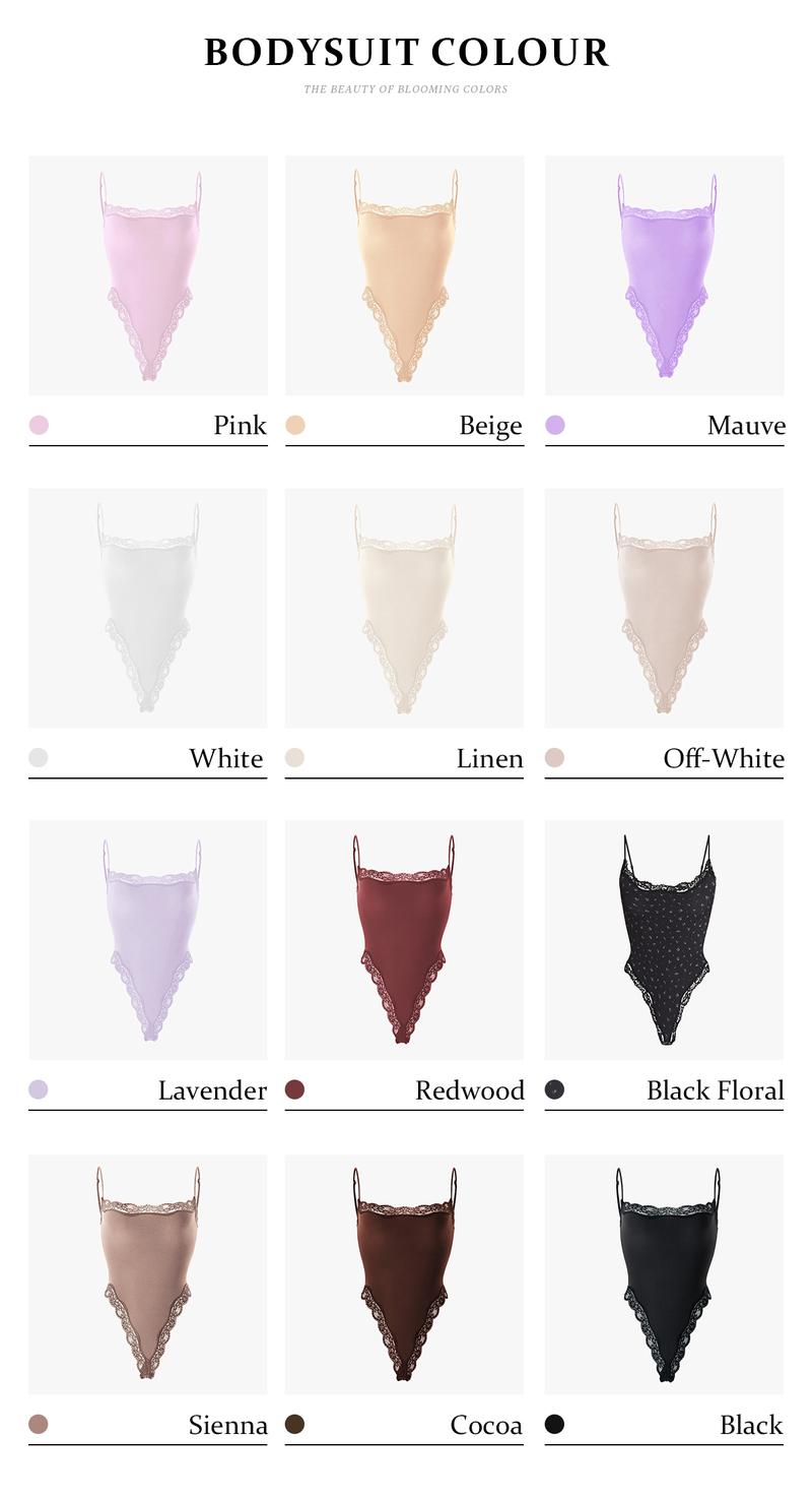 KatchMe Lace Series Women's Spaghetti Strap Lace Trim Breathable Bodysuit, Minimalist Chic Bodysuit, Seamless Fitted Plain Lightweight Bodysuits