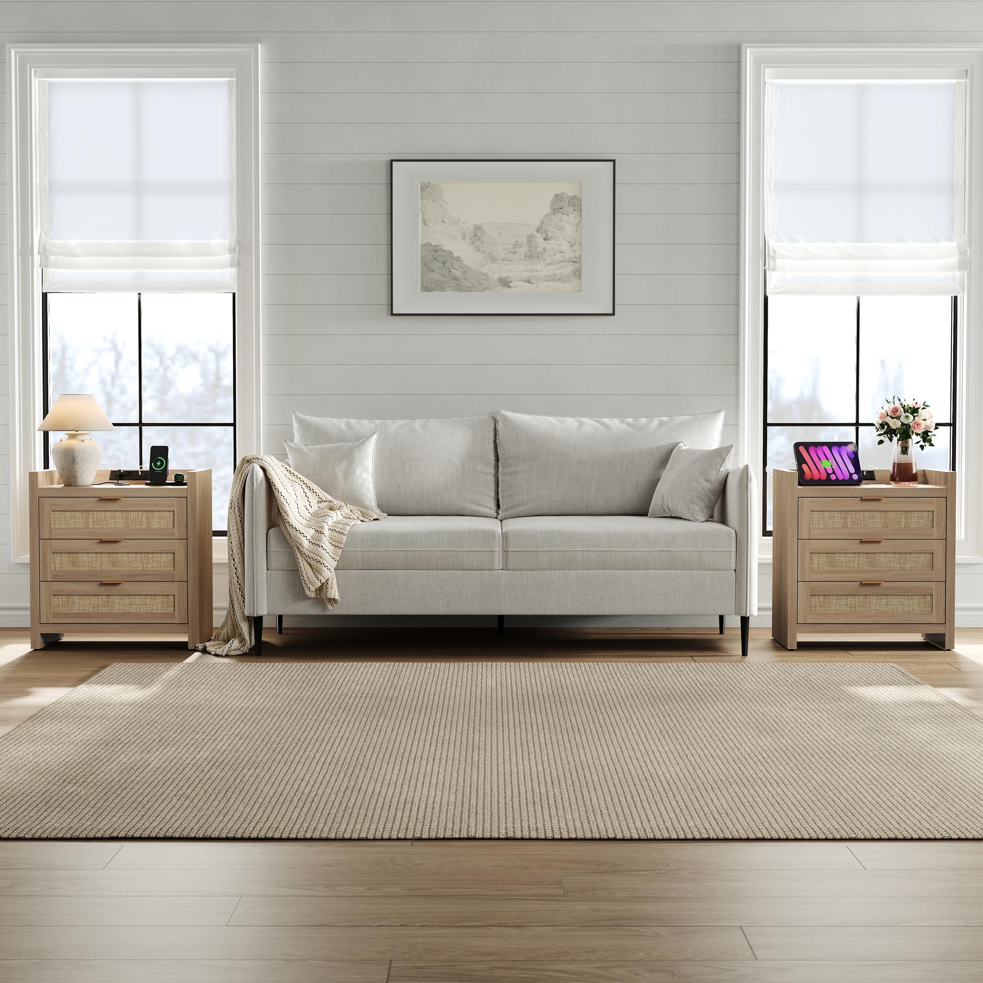 SICOTAS Larger Rattan Night Stand - 15.4"D x 24.8"W x 26.5"H Nightstands with Type-C Charging Station, 3 Rattan Mesh Drawers, Usb port Boho Bedside Table End Table with Storage for Bedroom Sofa Couch Office, Robust and Stylish, Durable