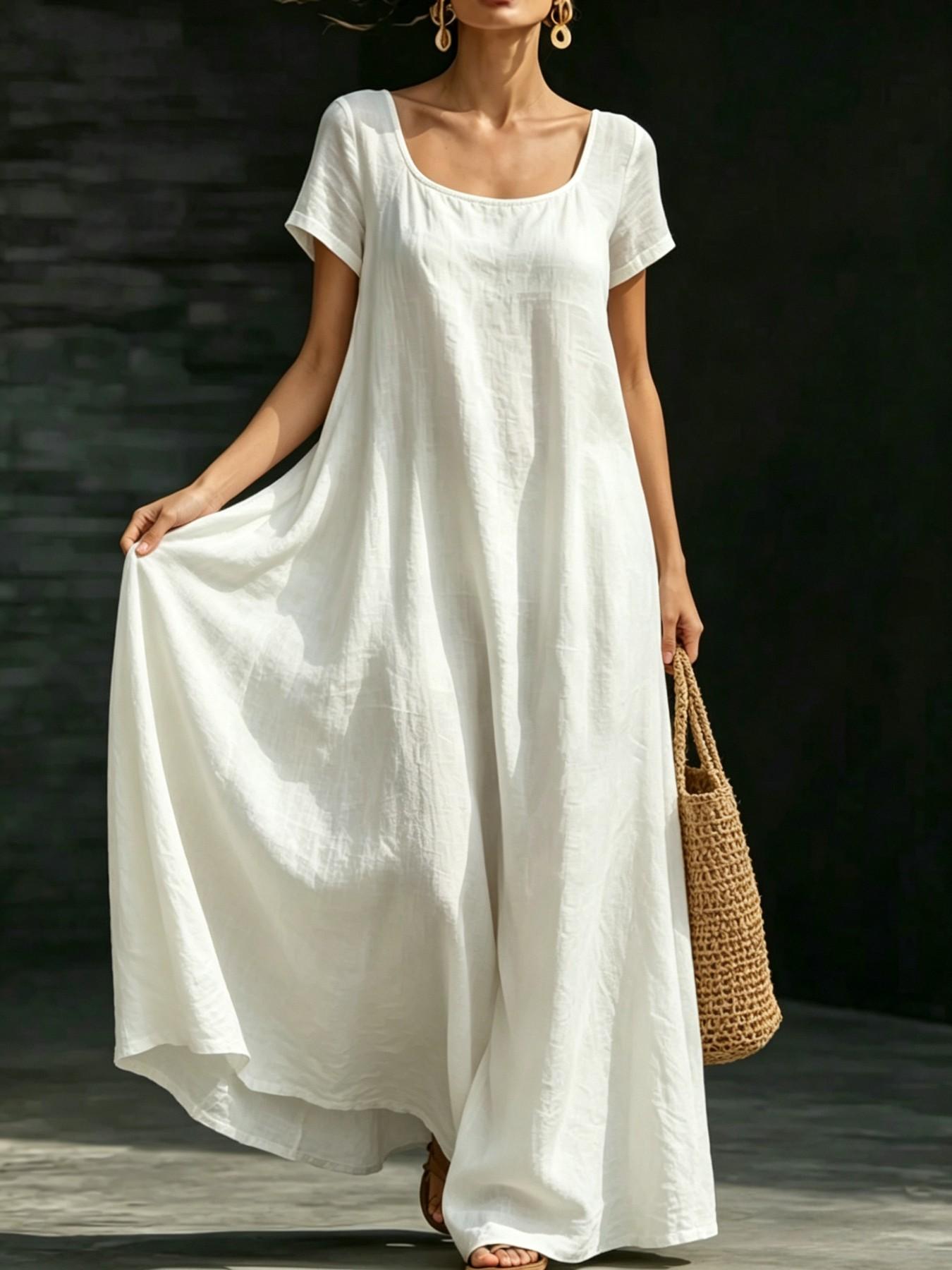 Summer Casual Solid Color Dress, Loose Fit A-Line Long Dress, Commute Vacation Beach Two-In-One, Beach Vacation Leisure Long Dress, Womenswear, Lady