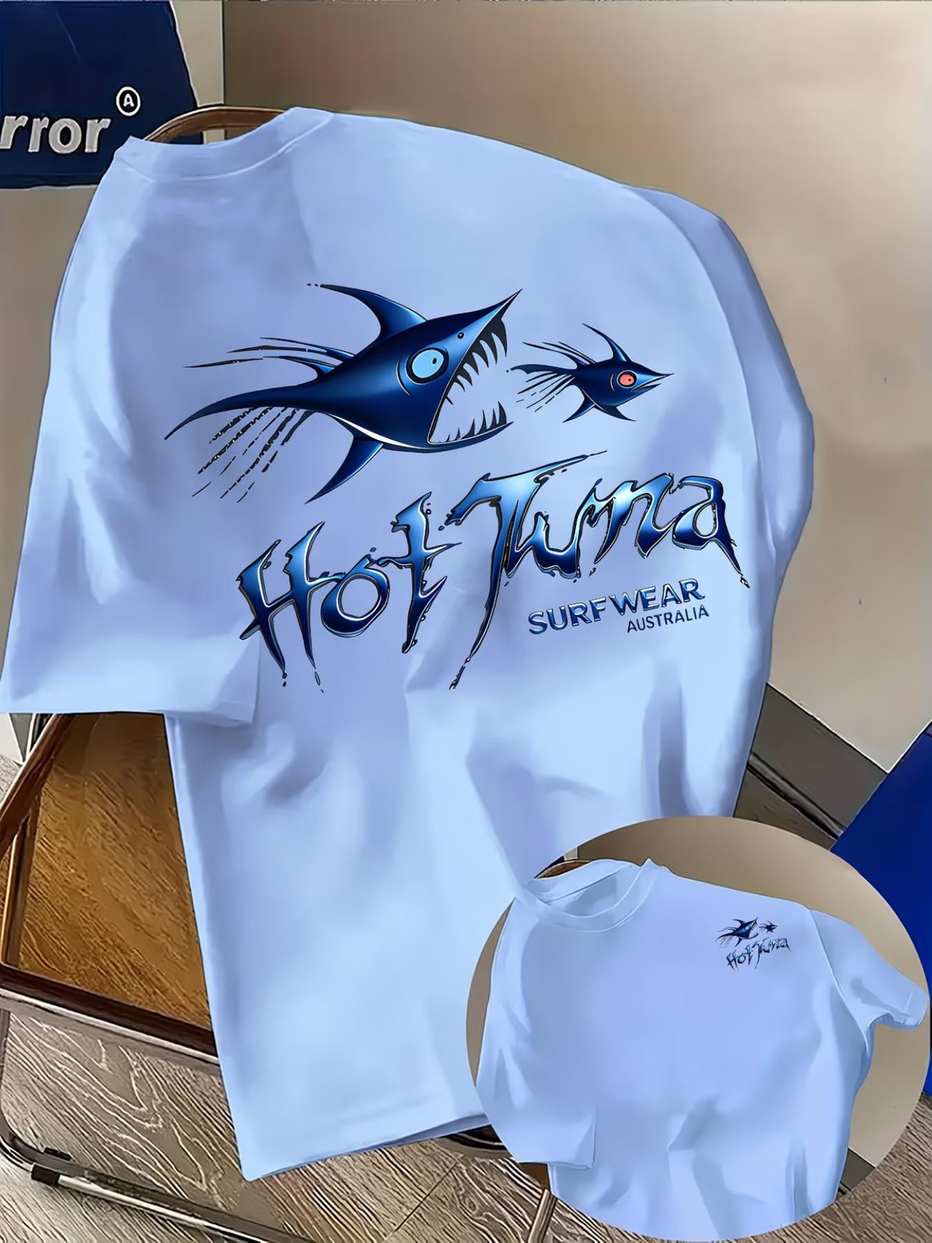 Men's Casual 'hot Tuna' Shark Print T-Shirt, Fashion Dual-Sided Print, Lightweight Elastic, Regular Fit, Summer Streetwear, Comfortable Wear