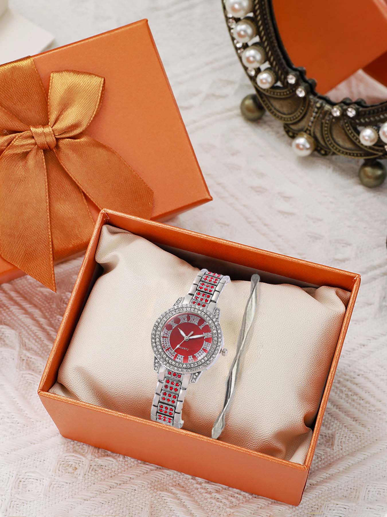 2-piece set of minimalist, fully diamond-encrusted, niche ladies' quartz watch fashion versatile bracelet watch trendy student wristwatch set