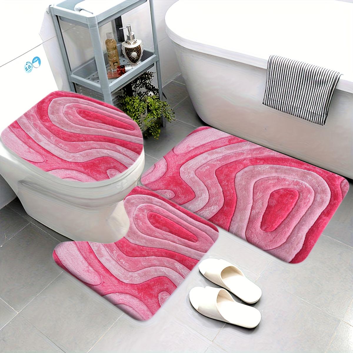 2D Flat, 3pcs Bathroom Mat Set in Soft-Toned Abstract Pink Ripple Print, Includes Toilet Lid Cover and U-Shaped Toilet Mat, Made of Flannel with Soft Surface, Thanksgiving Decoration, 2D Flat