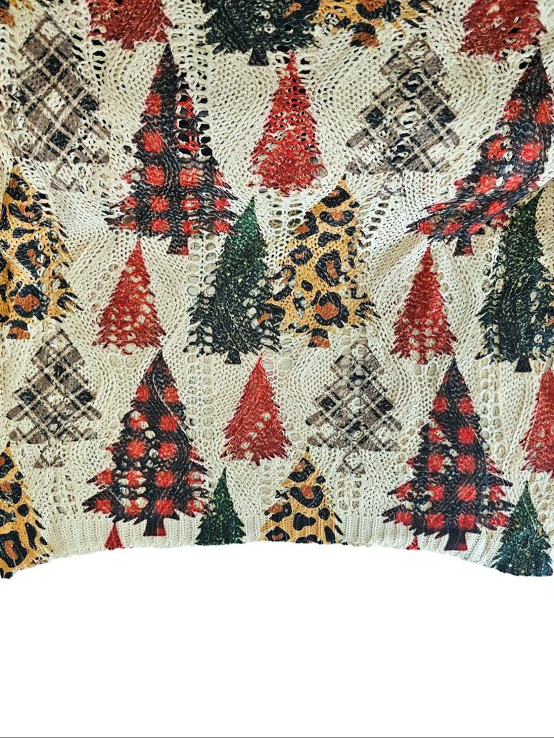 Women's Christmas Tree Print Knit Top, Long Sleeve V Neck Hollow Out Design, Casual Elegant Holiday Wear, Ladies Sweater Vest, Knitwear