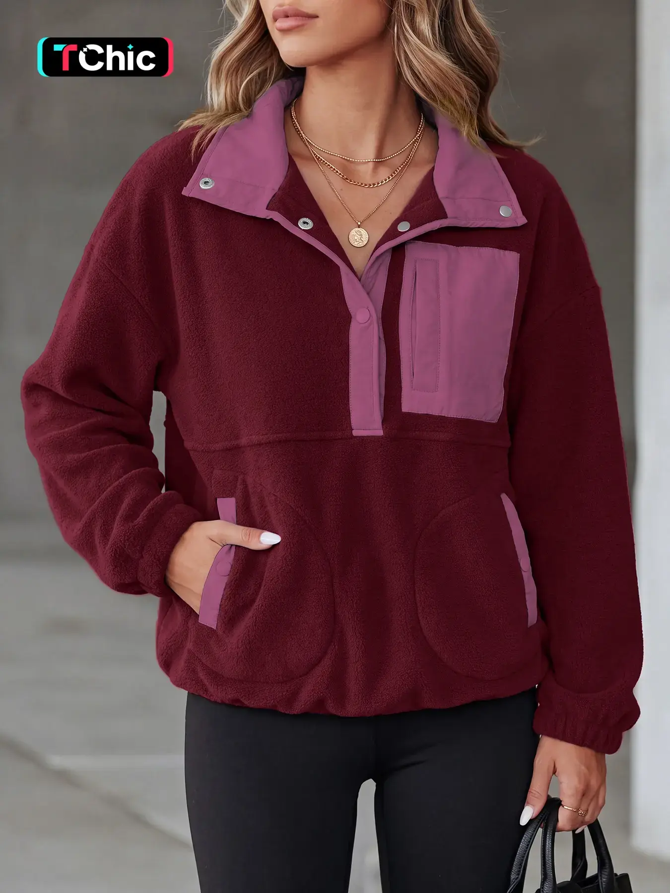Women's Patchwork Print Half Button Pocket Fuzzy Sweatshirt, Casual Drop Shoulder Long Sleeve Stand Collar Pullover for Fall & Winter, Women's Clothes for Daily Wear, Casual Sweatshirts