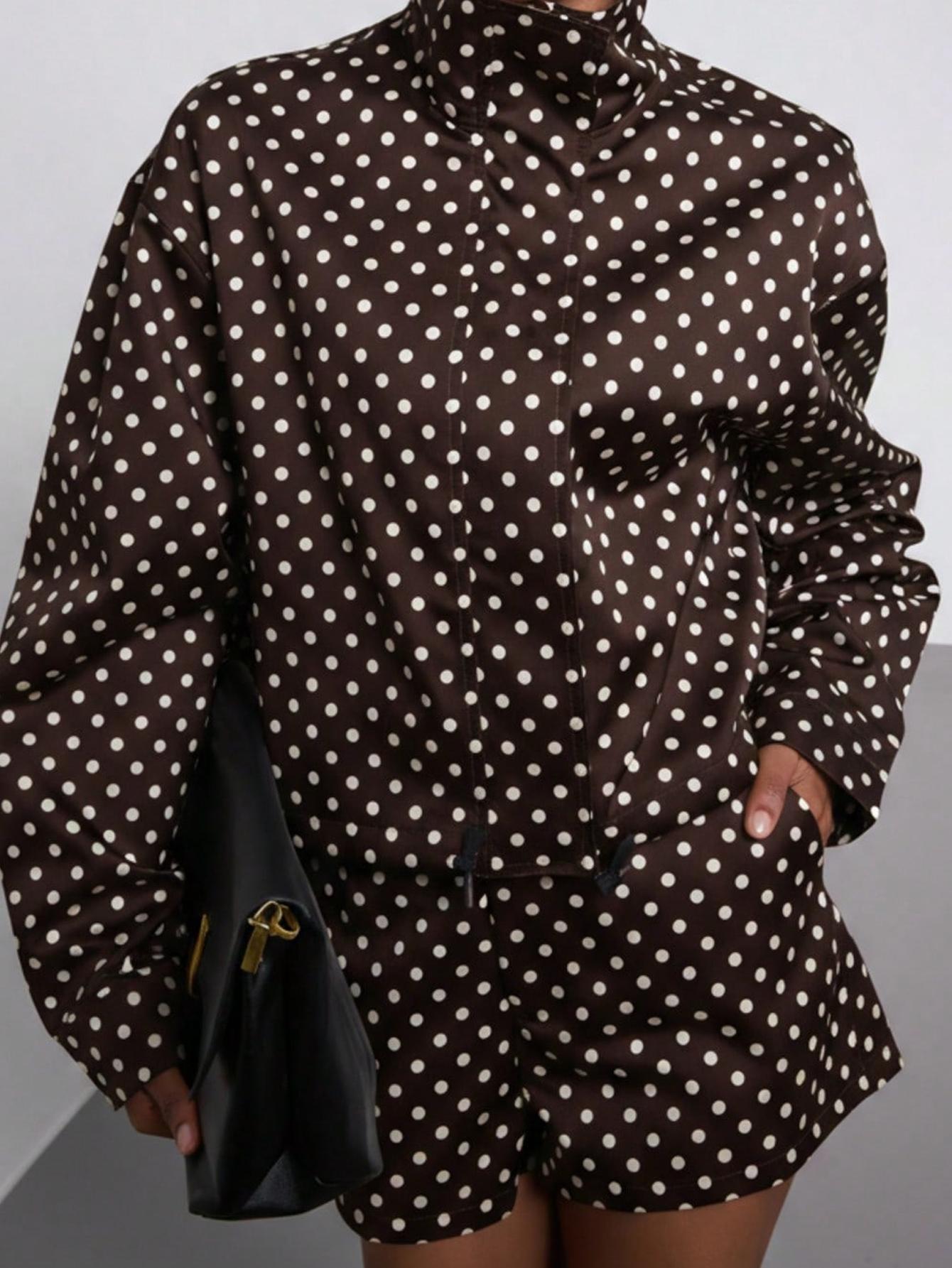 Women's Spring Fall Fashion European Style Stand Collar Vintage Polka Dot Long Sleeve Jacket Pilot Look Outerwear with Polka Dot Shorts Two-Piece Set Blazer Shorts Set
