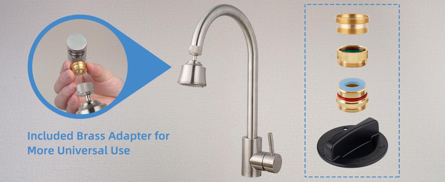 Kitchen Sink Faucet Head Replacement 4 Spray Faucet Sprayer Attachment with 2 Ball Joint, Big Angle Swivel, 55/64-27UNS Famale Thread, Male Thread Adapter Included, Brushed Nickel