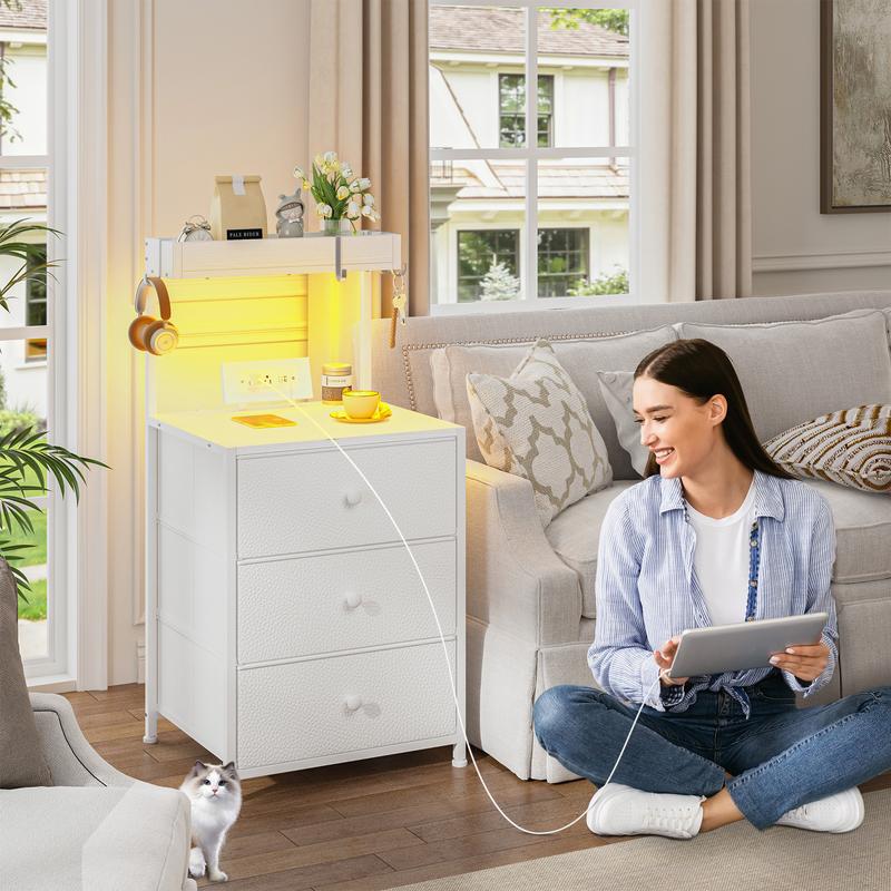 LED Nightstand Set of 2 with 3 Fabric Drawers & Shelf & Hooks, Tall Nightstand with LED & Power Outlet , End Table with Charging Station, Bed Side Table for Bedroom Furniture, White, Black, Rustic Brown