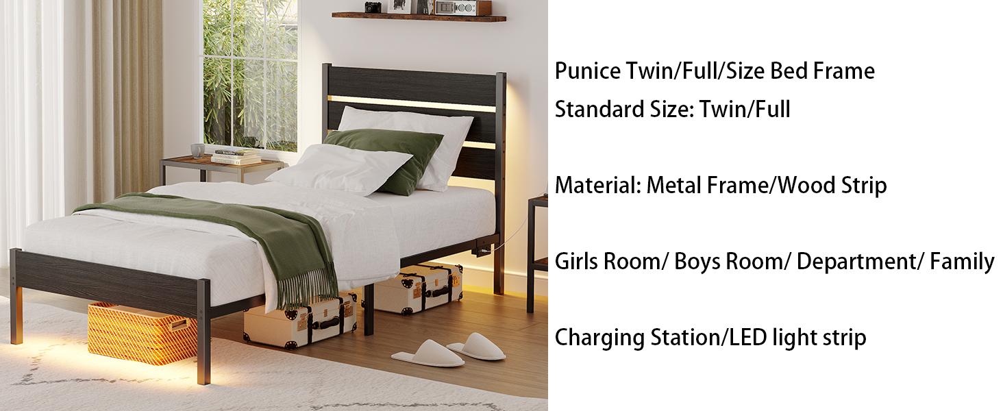 CollaredEagle Twin/Full Bed Frame with Charging Station, LED Light Metal Bed Frame with Wooden Headboard, No Box Spring Required, No Noise, Easy Assembly, Rustic Brown. Platform Bedframe