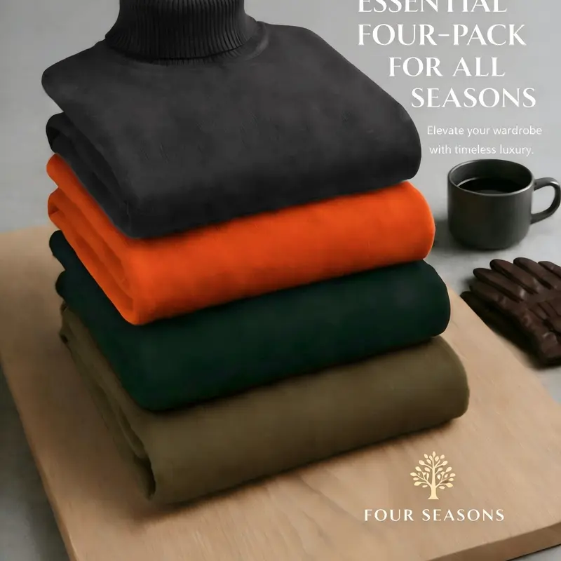 Men's 4-Pack Classic Knitted Ribbed Turtleneck Sweaters, Soft Ribbed Knit Slim Fit, Anti-Pilling Long Sleeve Tops, Ideal for Office Commute and Fall/winter Casual Basic Knitwear