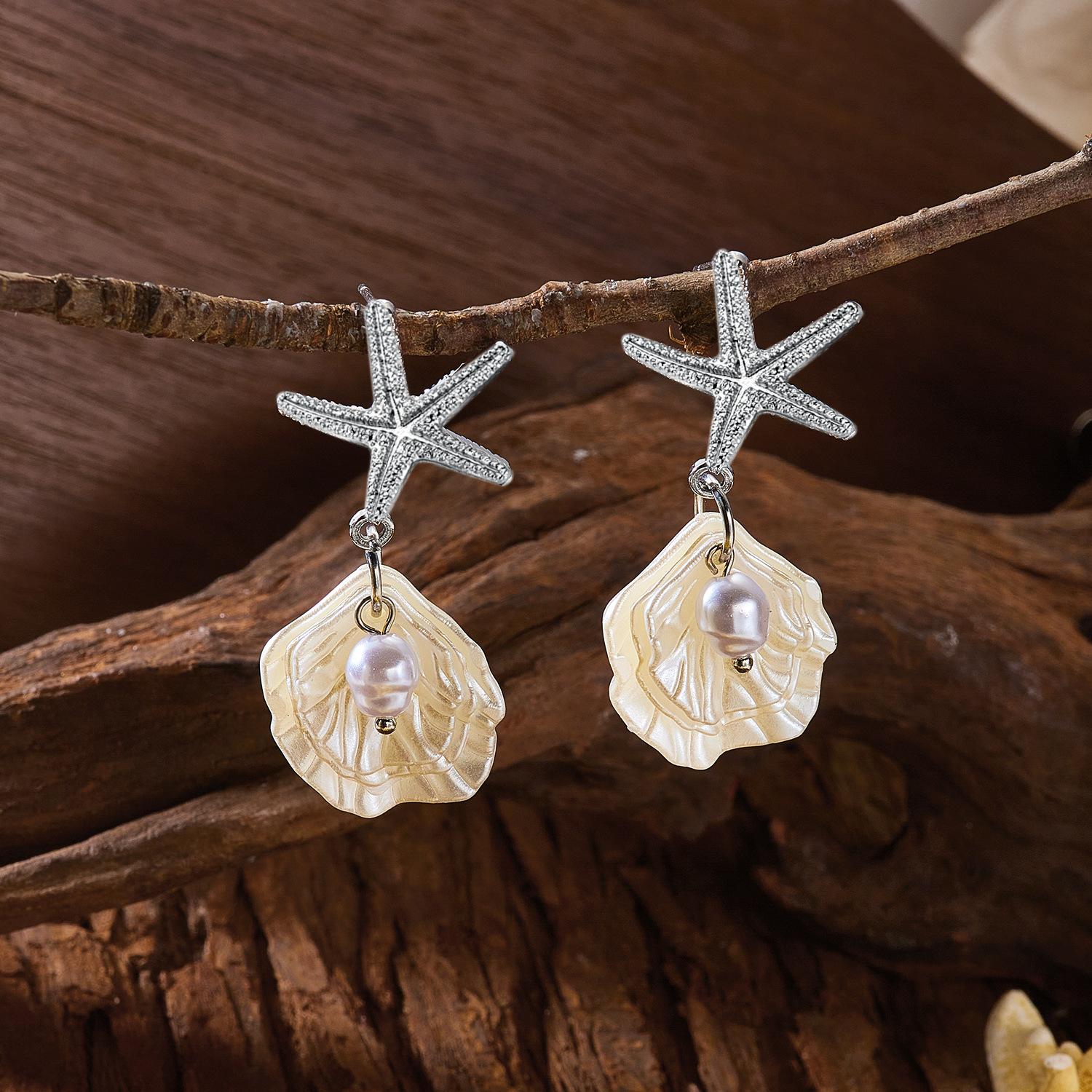 Stylish Beach Vacation Inspired Starfish Pearl and Seashell Dangle Earrings for Women Trendy Summer Resort Jewelry Gift