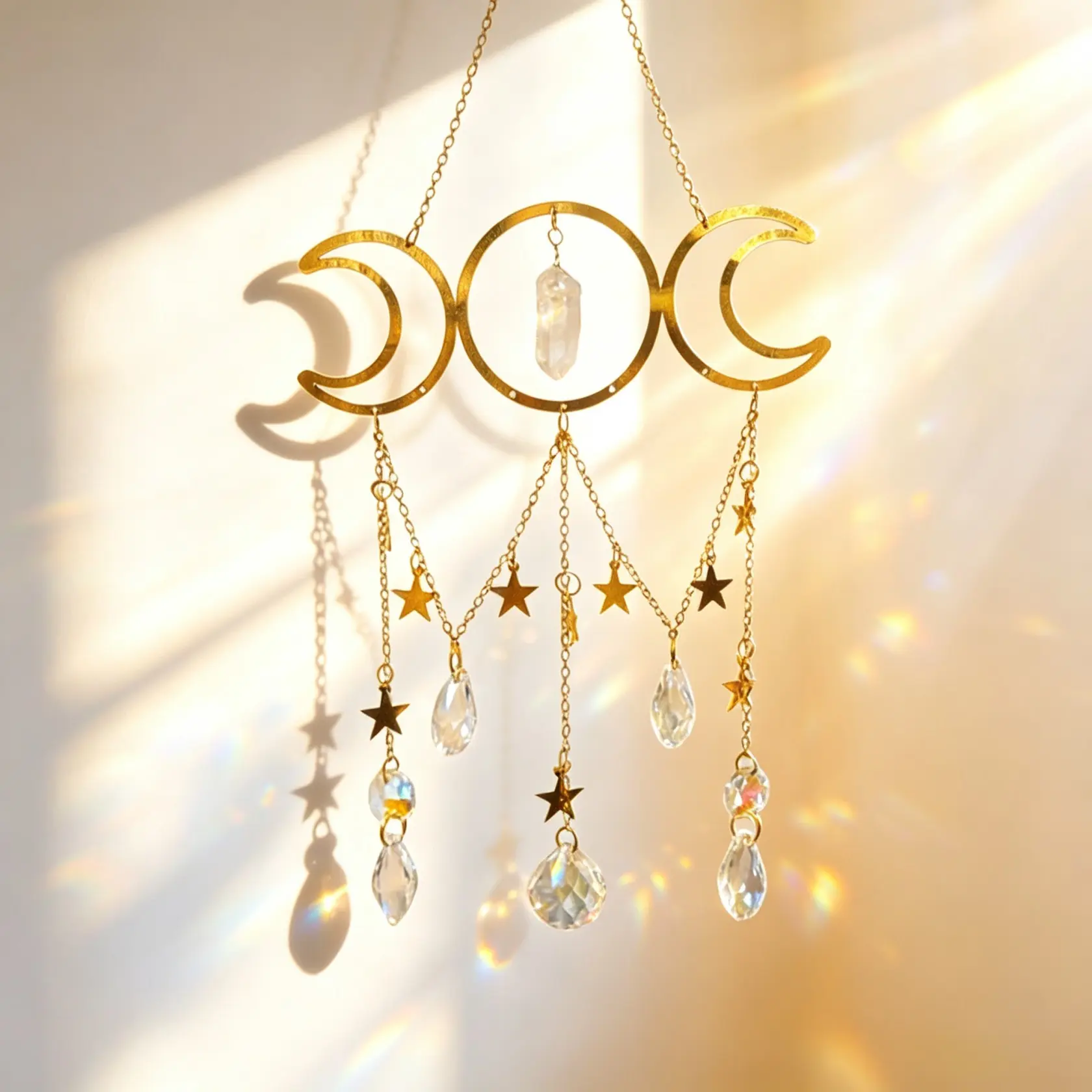 Elegant Crystal Wind Chime with Dream Catcher, Moon, Stars, and Crystals, Wedding Window Car Decor, Durable Hanging Ornament, Halloween Christmas Gift