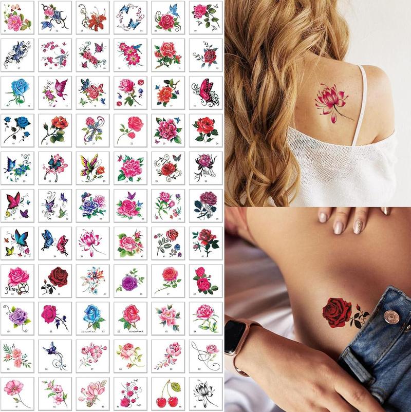 66 Sheets Flowers Temporary Tattoos Stickerss, Roses, Butterflies and Multi-Colored Mixed Style Body Art Temporary Tattoo for Women, Girls or Kids Waterproof Removable Long Lasting