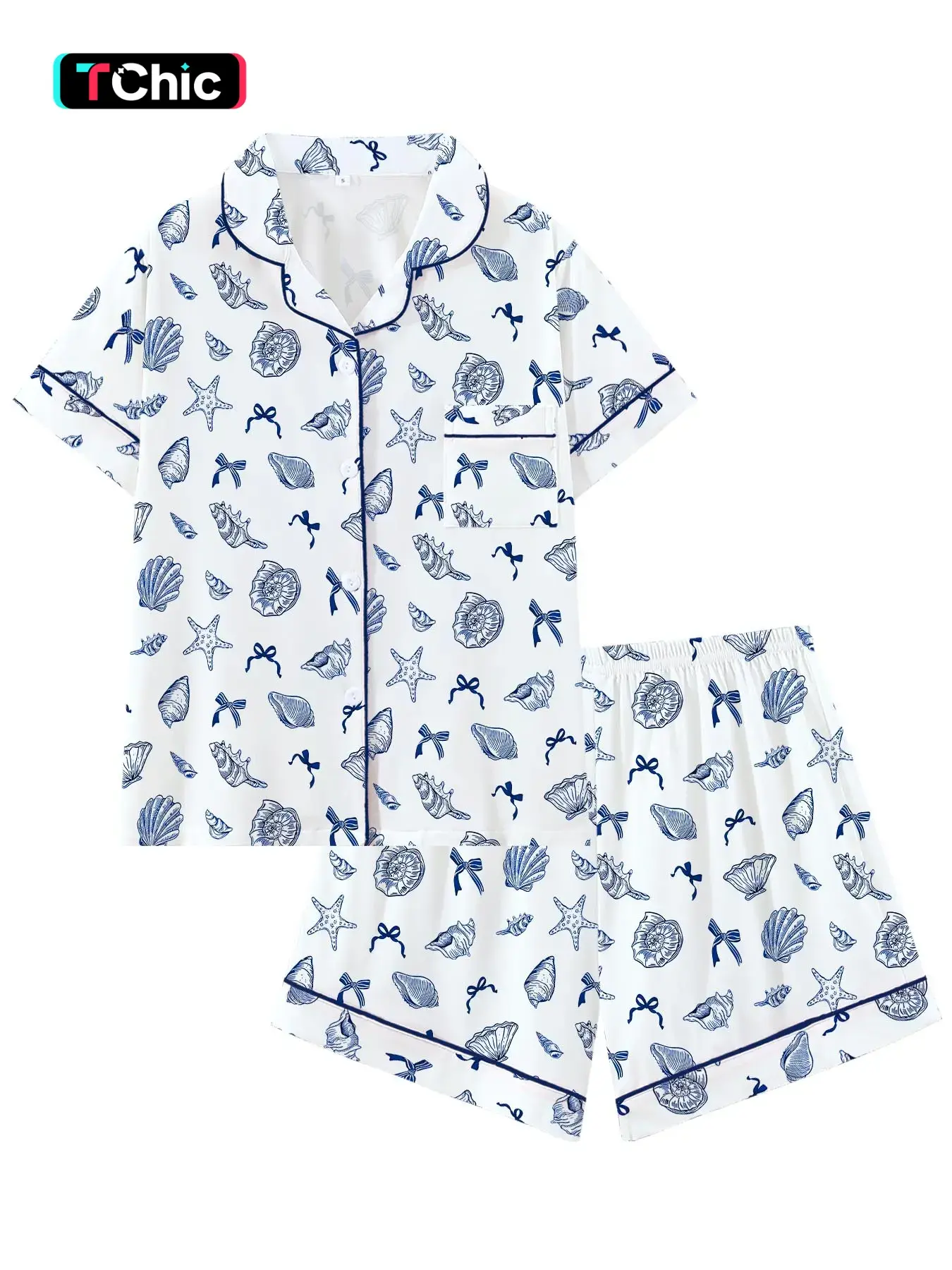 Trendy Mermaidcore Seashell Print Pajama Set for Women | Coastal Aesthetic Blue Starfish & Bow Pattern Sleepwear | Summer Beach Vacation Short Sleeve Button Down Lounge Set | Soft 2-Piece Nautical PJs | Cozy Ocean Theme Nightwear Gift