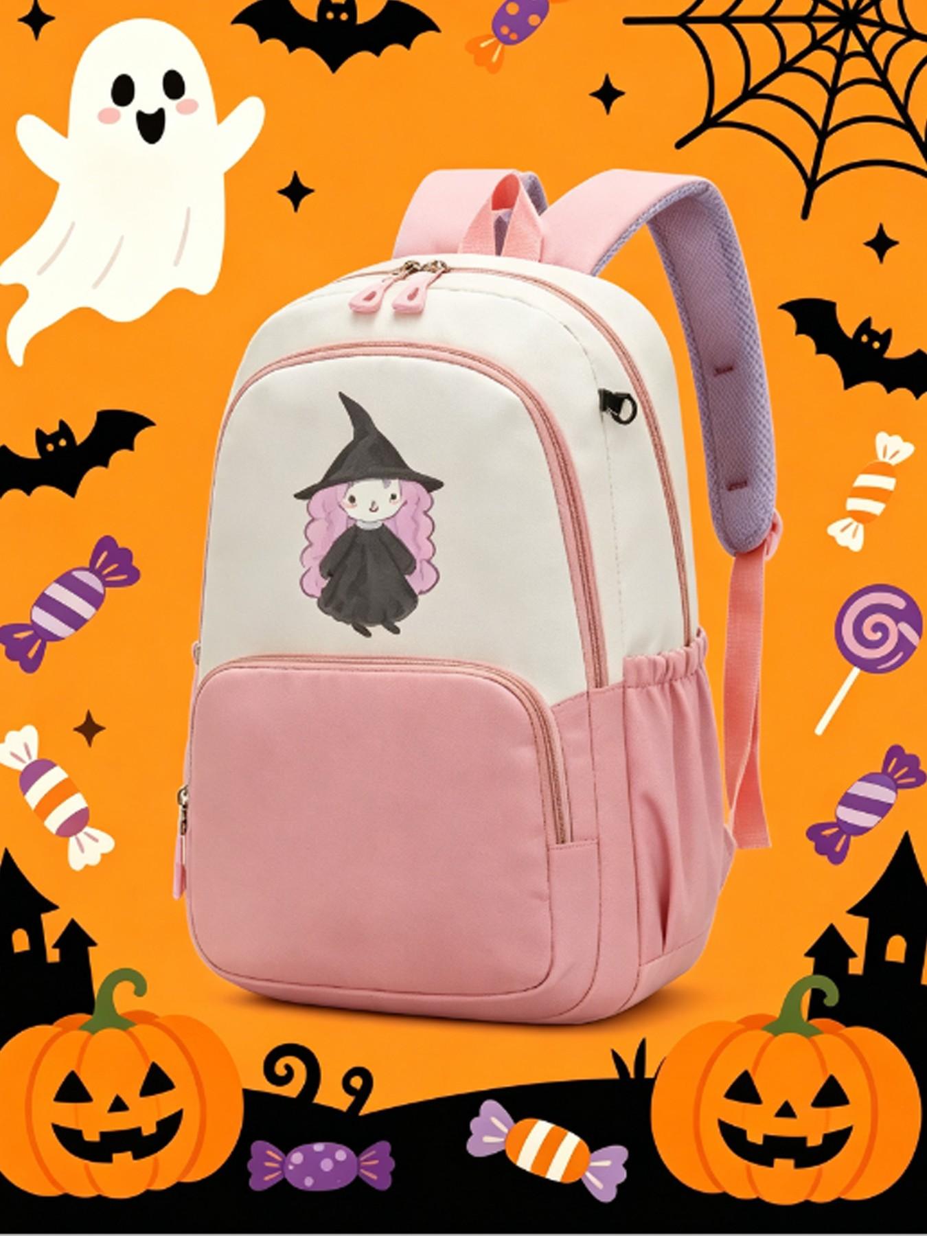 Cute Halloween Witch Backpack, Large Capacity Zipper School Bag, Fashionable Campus Laptop Bag, Travel Backpack, Gift for Girls
