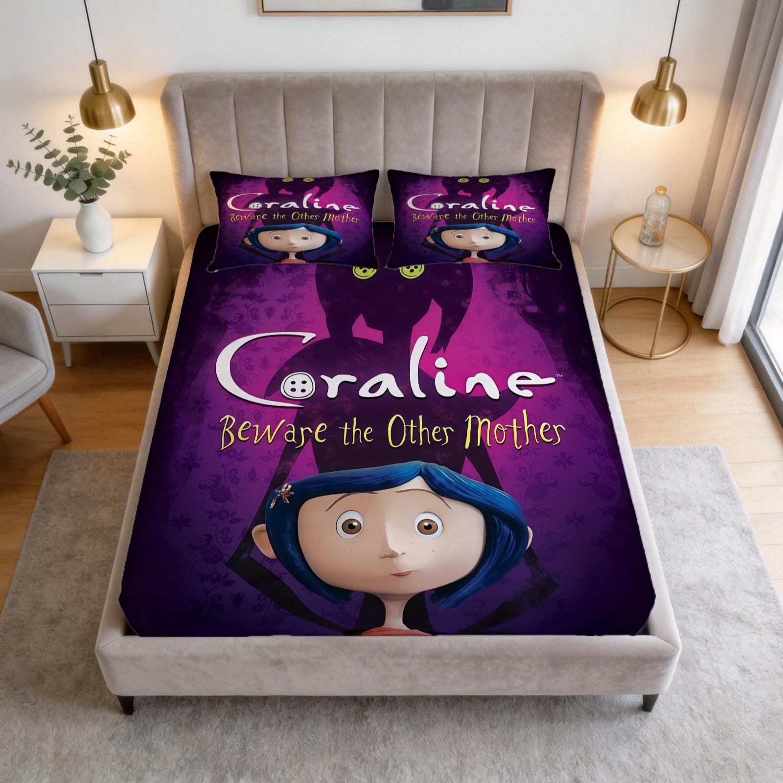 Coraline Printed Pattern Bed Sheet Set, Halloween Themed Decoration, 1 Bed Sheet With 2 Pillowcases (Excluding Pillow Core), Suitable For Teenage And Adult Bedrooms, Suitable As Decoration And Gift