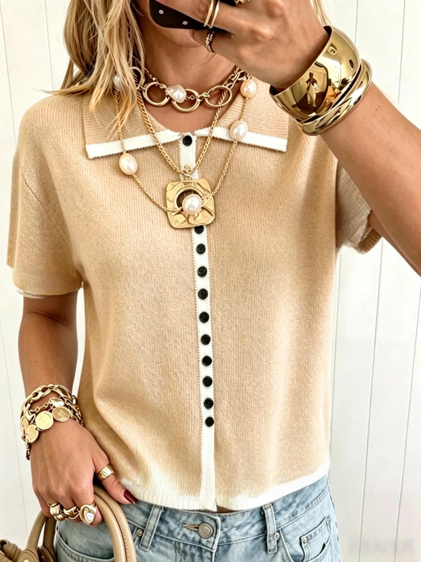 Elegant Polo Neck Button Front Pullover, Casual Colorblock Short Sleeve Top, Loose Fit Fall Fashion Women's Sweater