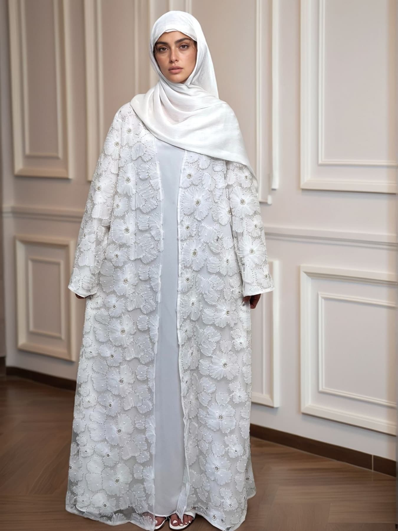 Women's Elegant Pearl Floral Beaded Abaya Hijab Set