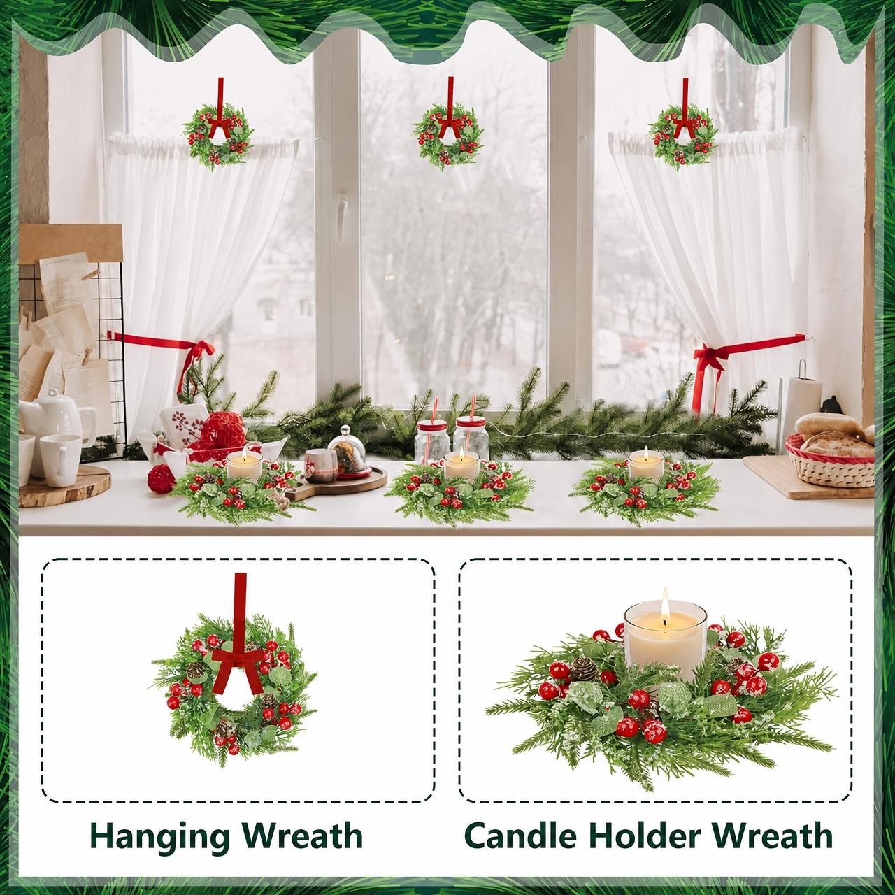 6 Mini Christmas Cabinet Wreaths, 7.9 Inch Raspberry Candle Rings with Ribbon Bow, Holiday Decor for Table Center, Window, Wall, Fireplace, Chair