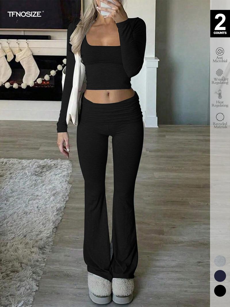 Women's 2-Piece Loungewear Set, Sexy Slim Fit, All-Season Comfort, Moderate Fabric, Ideal for Daily & Fitness, Plain Style