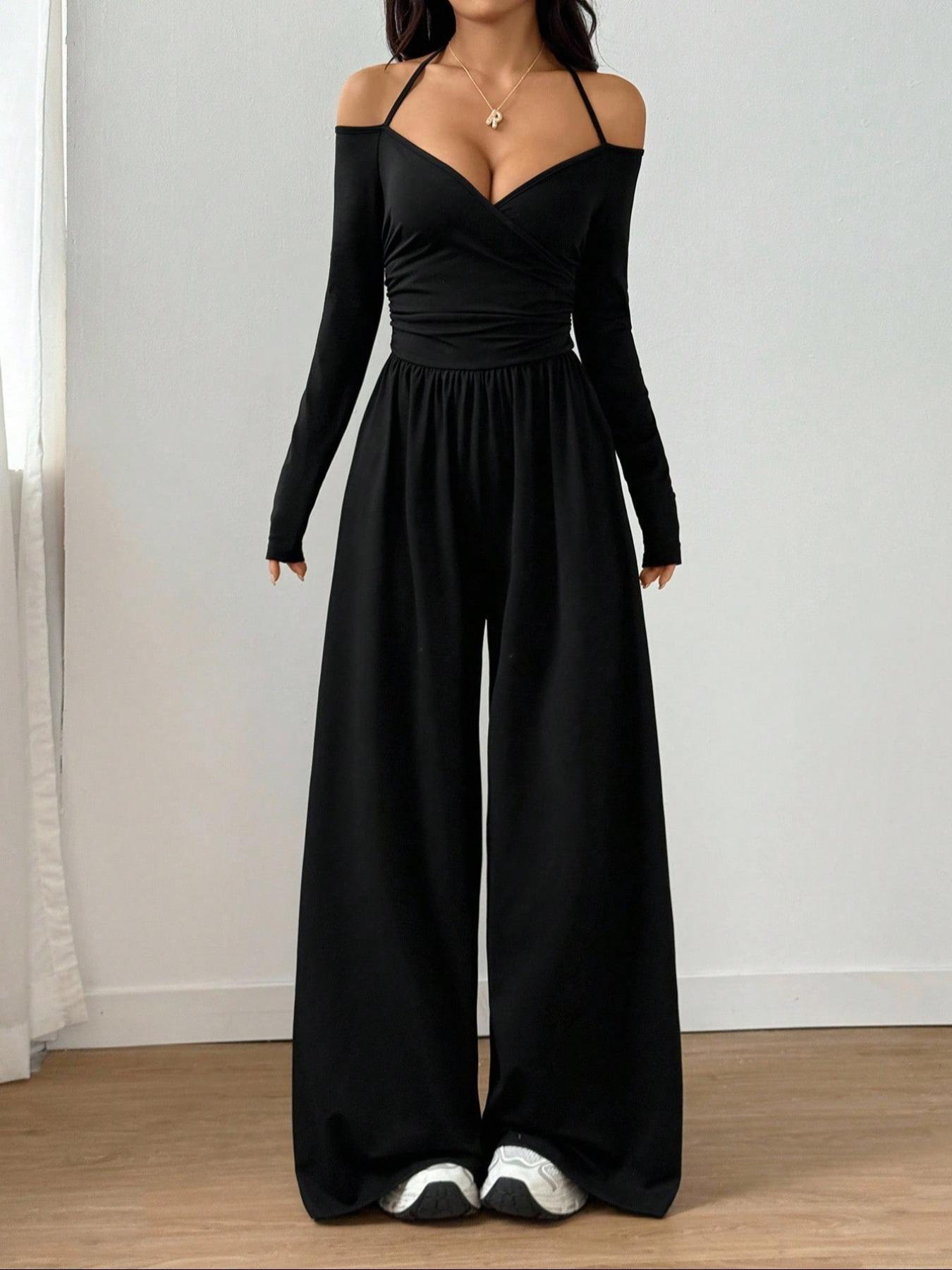 Women's Plain Halter Cross V-Neck off Shoulder Ruched Wide Leg Jumpsuit, Fashion Casual Daily One-Piece Pants