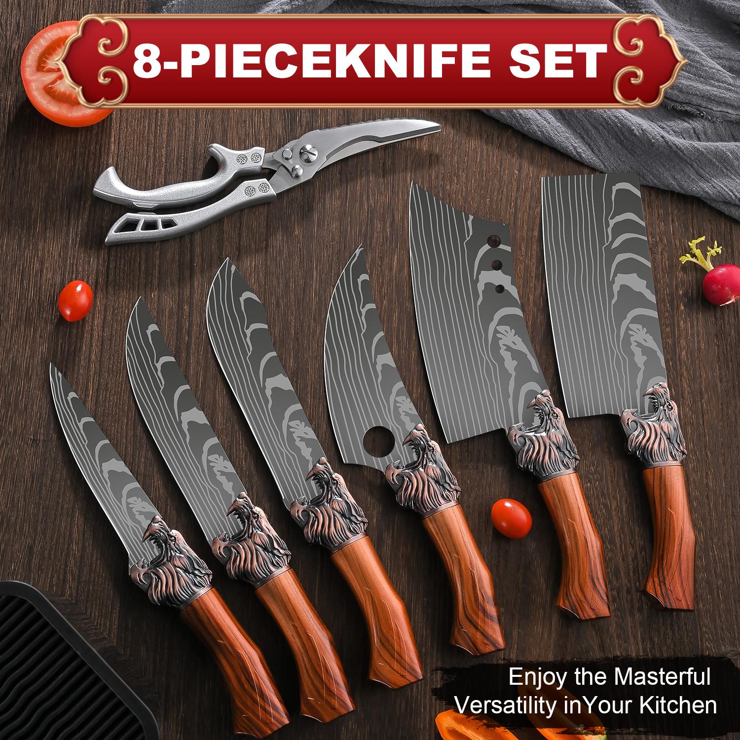 Multifunctional kitchen knife set, 7 different shapes of multi-purpose knives and 1 sharp kitchen scissors, suitable for home kitchen, restaurant back kitchen cutting meat, deboning, cutting sashimi, chopping bones