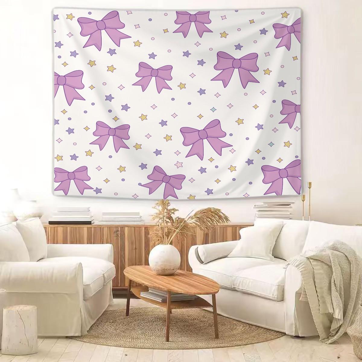 Purple Bow Tapestry, Cute Star Print Wall Hanging, Aesthetic Tapestries Wall Blanket, Coquette Room Decor Backdrop Decor, Soft Fabric Wall Art for Bedroom Living Room Dorm