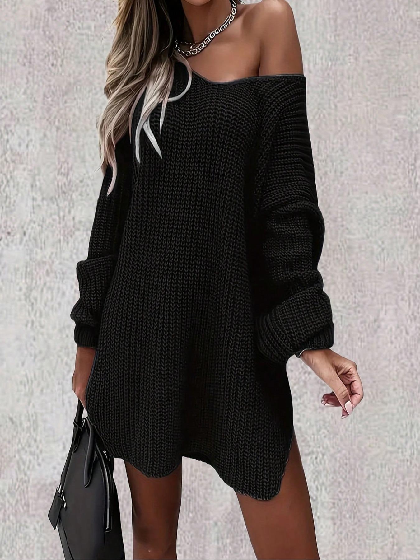 【Plus Size】 Women's Solid Color Sweater Dress, Casual Comfy Chic Knit Dress for Fall & Winter, Women's Plus Clothing for Daily Wear