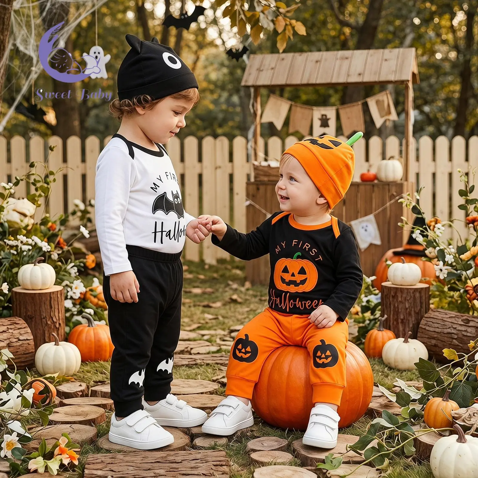 Baby Boy Halloween 3-Piece Gift Set - Polyester Embroidered Long-Sleeve Romper, Pants, Pumpkin Bat Accent Hat