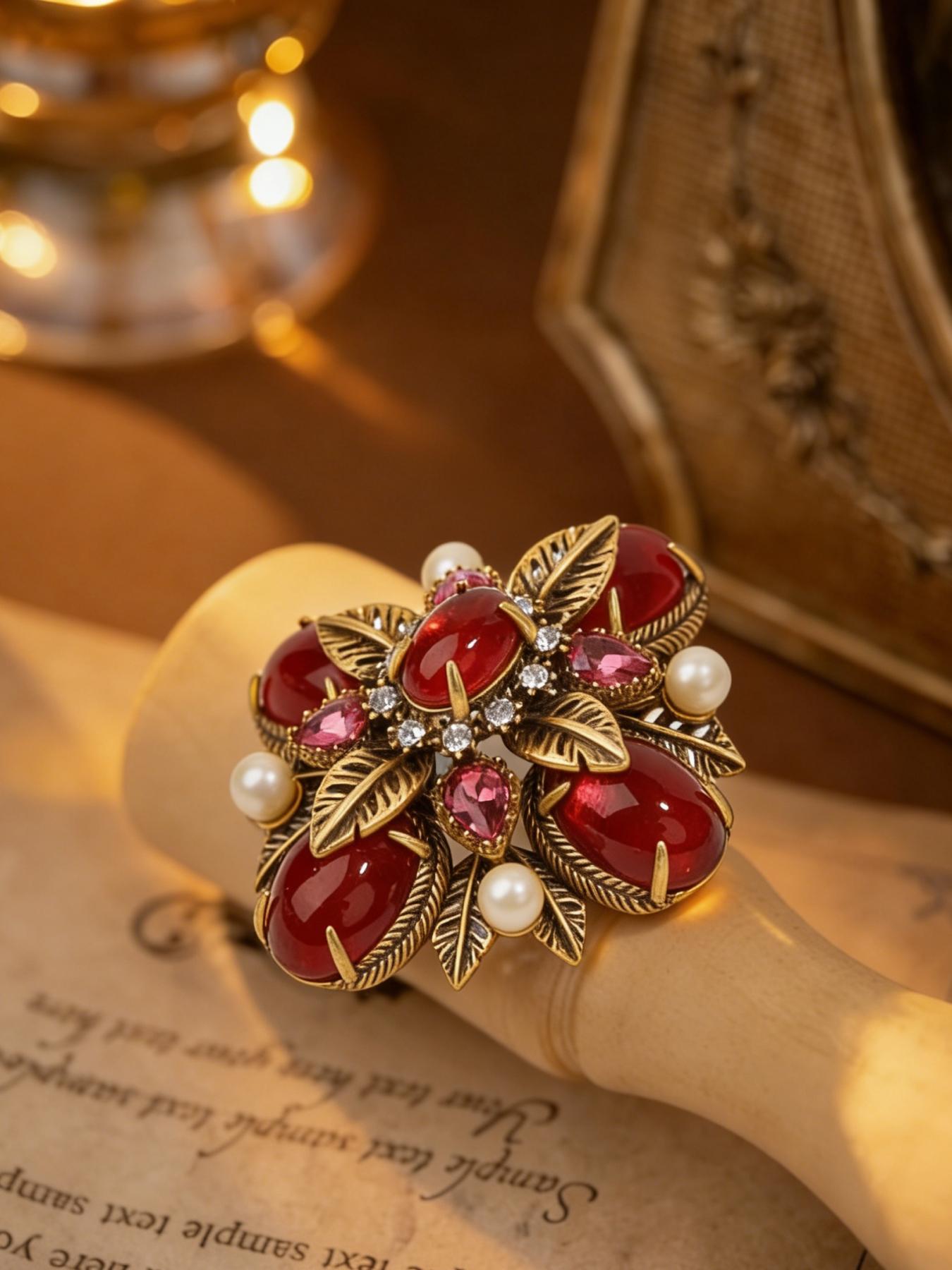 A vintage floral brooch made of fashionable red agate, diamonds, and pearls, suitable for daily wear, vacation dates, and other occasions, and also a delightful and exquisite small gift.