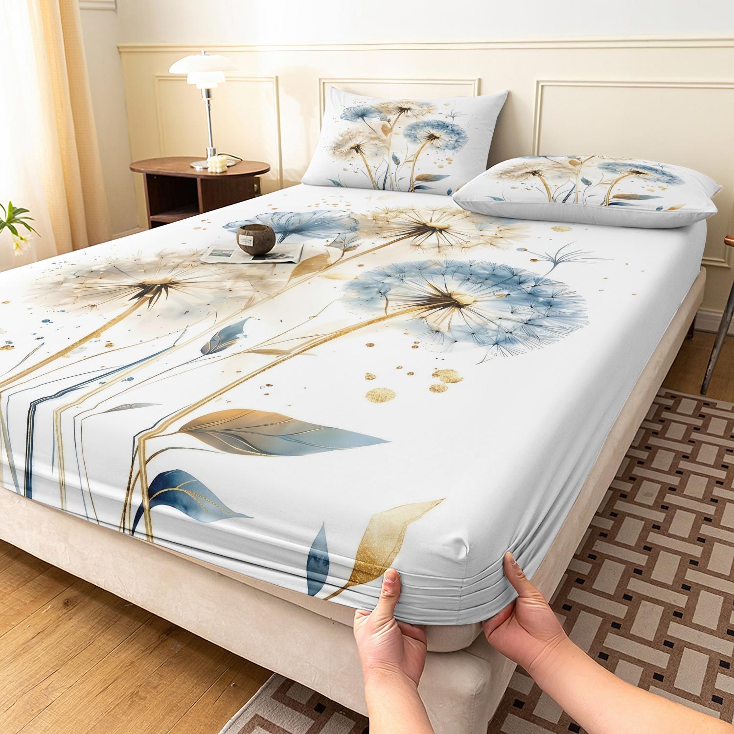 3pcs Set Natural Watercolor Dandelion Fitted Sheet, Botanical Floral Printing Themed Bed Sheets For Themed Hotel And Dorm Decoration (1 Fitted Sheet + 2 Pillowcases No Comforter No Pillow)