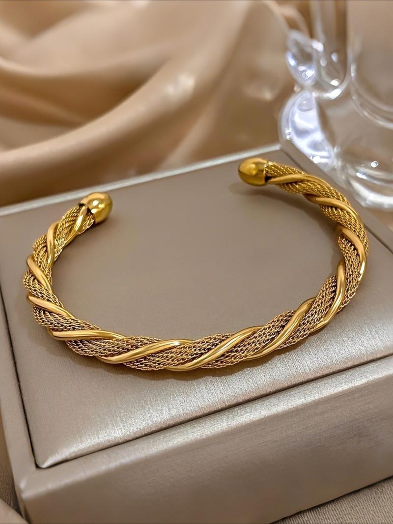 Stainless Steel Open Bangle Bracelet, Fashionable Simple Weave Design, Casual Women's Daily Commute Accessory, Versatile Hand Jewelry