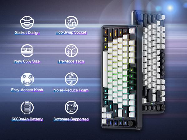 Redragon K673 PRO 75% Wireless Gasket RGB Gaming Keyboard, 3-Modes 81 Keys Compact Mechanical Keyboard Hot-Swap Socket, Dedicated Knob Control and Sound Absorbing Pads, Linear Red Switch