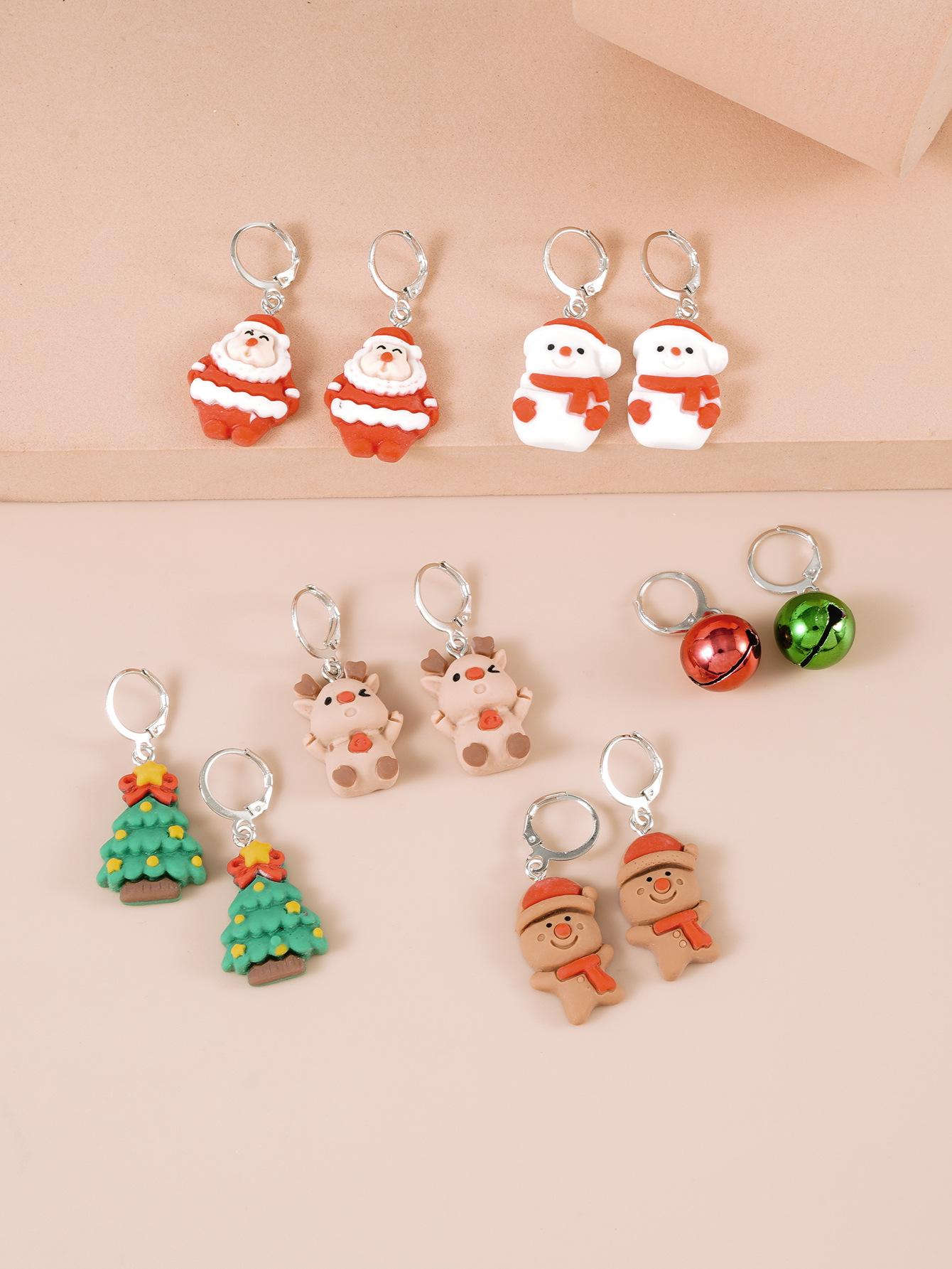 6 Sets of Fashionable Santa Reindeer Resin Tree Bell Earring Ear Hooks Gift