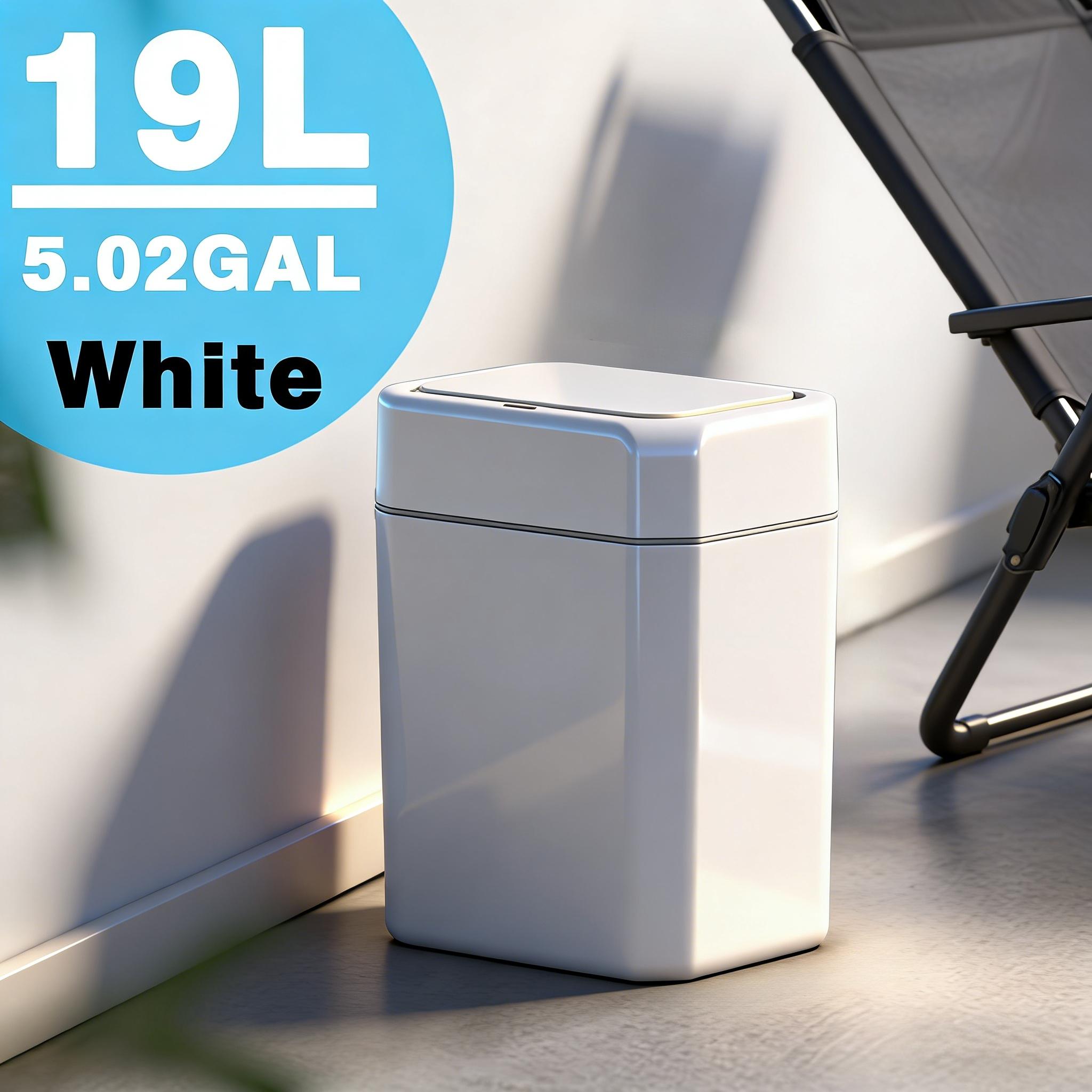 Touchless Trash Can, 3.43 & 5.02 GAL sizes available, automatic motion sensor garbage bin, hands-free soft-close lid, slim plastic body with odor-sealing design, suitable for kitchen, bathroom, office, hotel, requires 2 AA batteries (not included).
