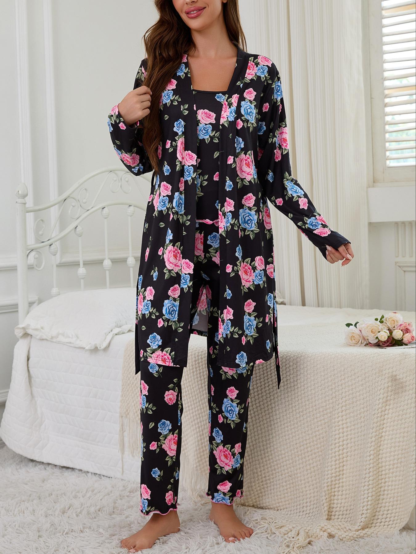 Floral Print Women's Robe Set + Strap Pants Three-Piece Comfortable Pajama Sleepwear Suit, Casual Home Wear for All Seasons