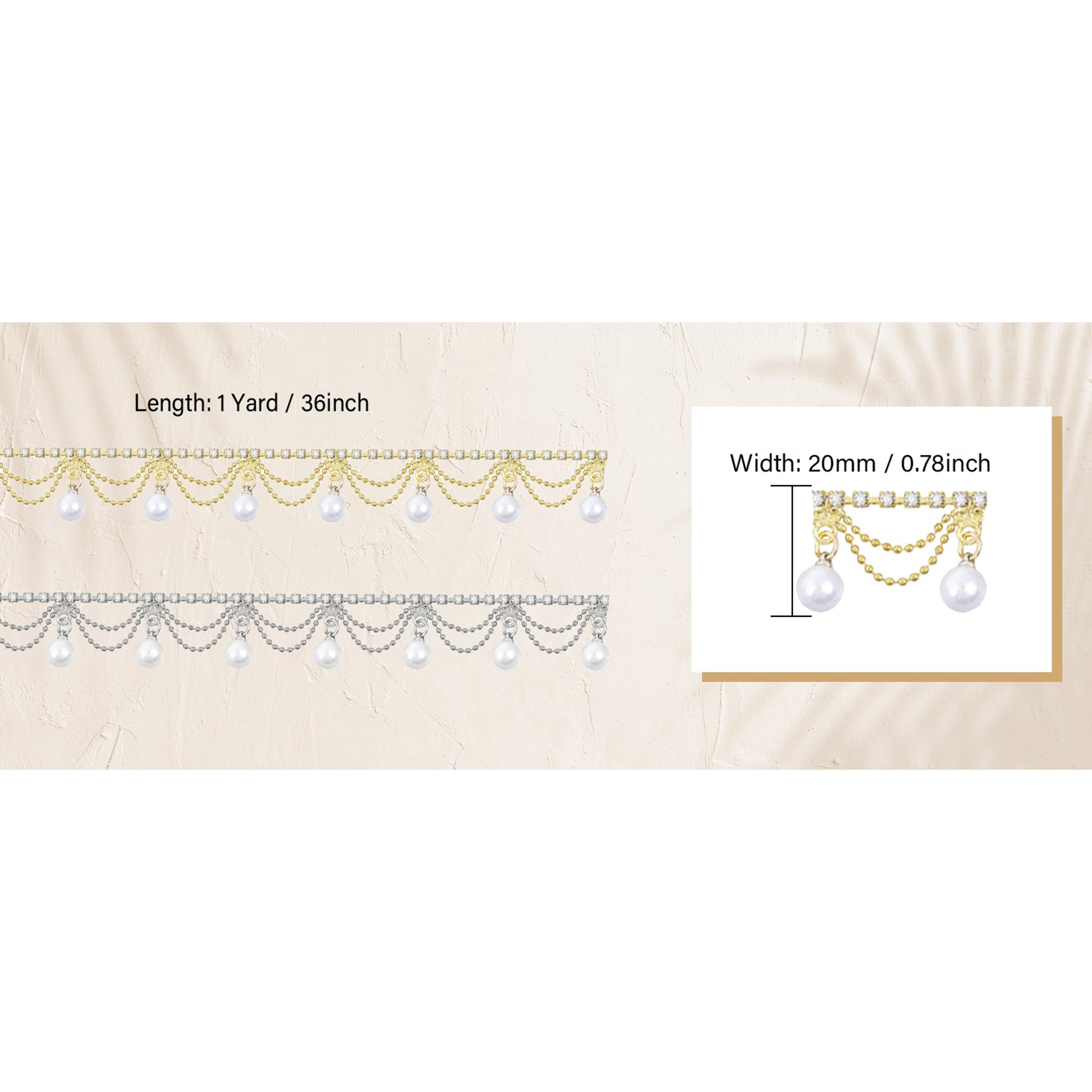 1 Yard Pearl Tassel Rhinestone Fringe Trim Rhinestone Pearl Tassel Chain Diamond Crystal Tassels Fringe Trim for Sewing Crafts Wedding Dress Clothing Accessories DIY Decoration Silver